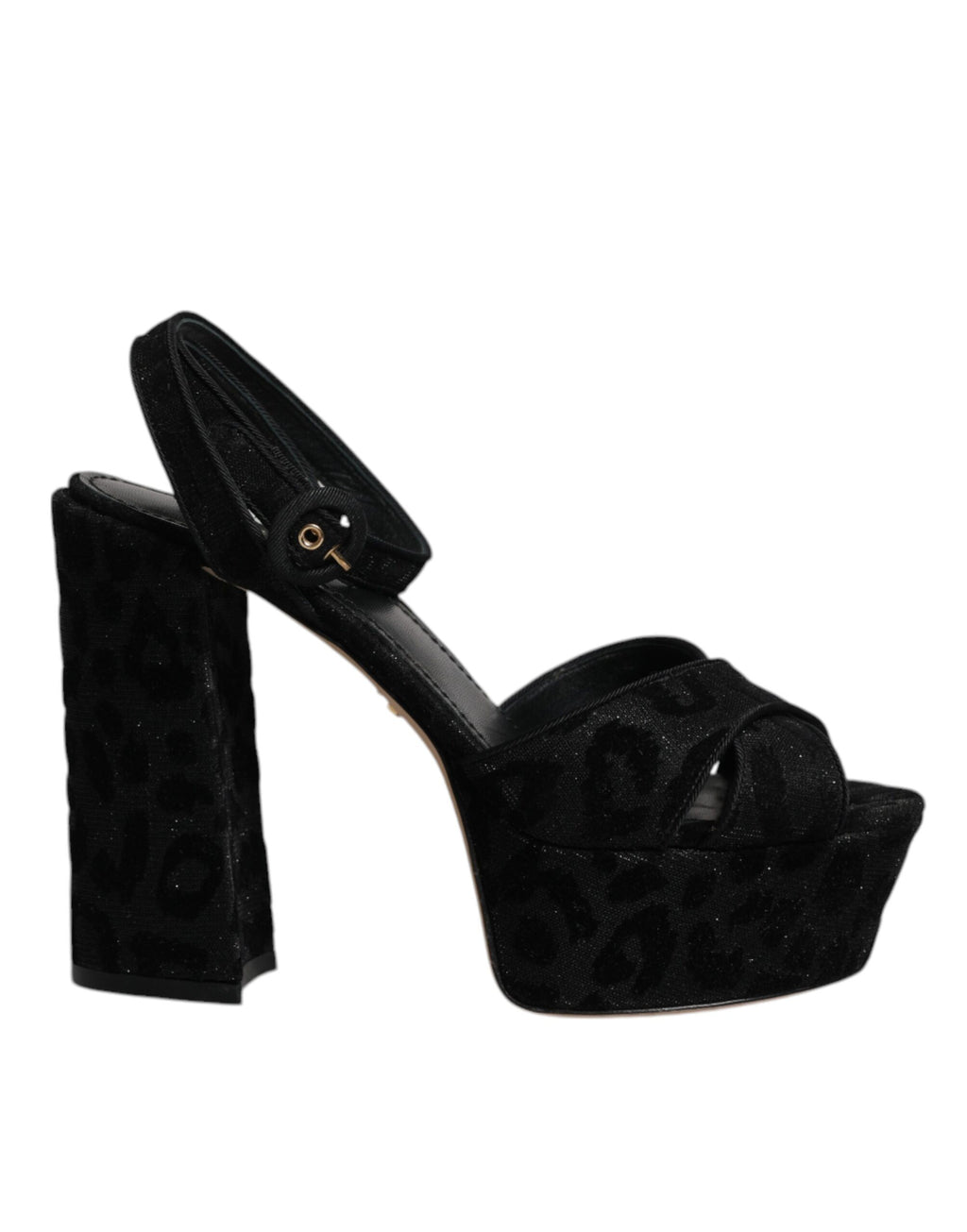 Sandales à talons plateforme Dolce & Gabbana noires avec imprimé léopard, design élégant et sophistiqué.