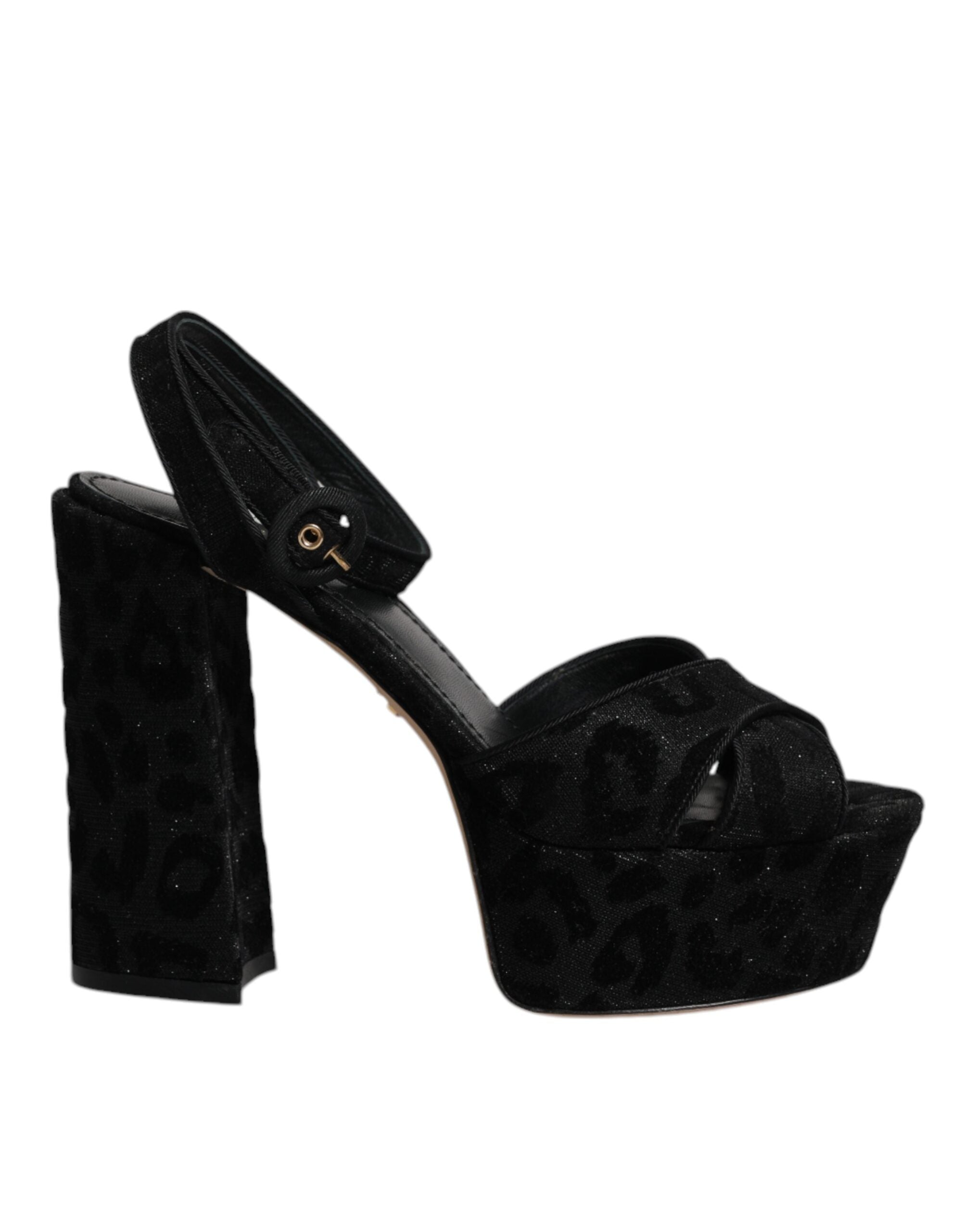 Sandales à talons plateforme Dolce & Gabbana noires avec imprimé léopard, design élégant et sophistiqué.