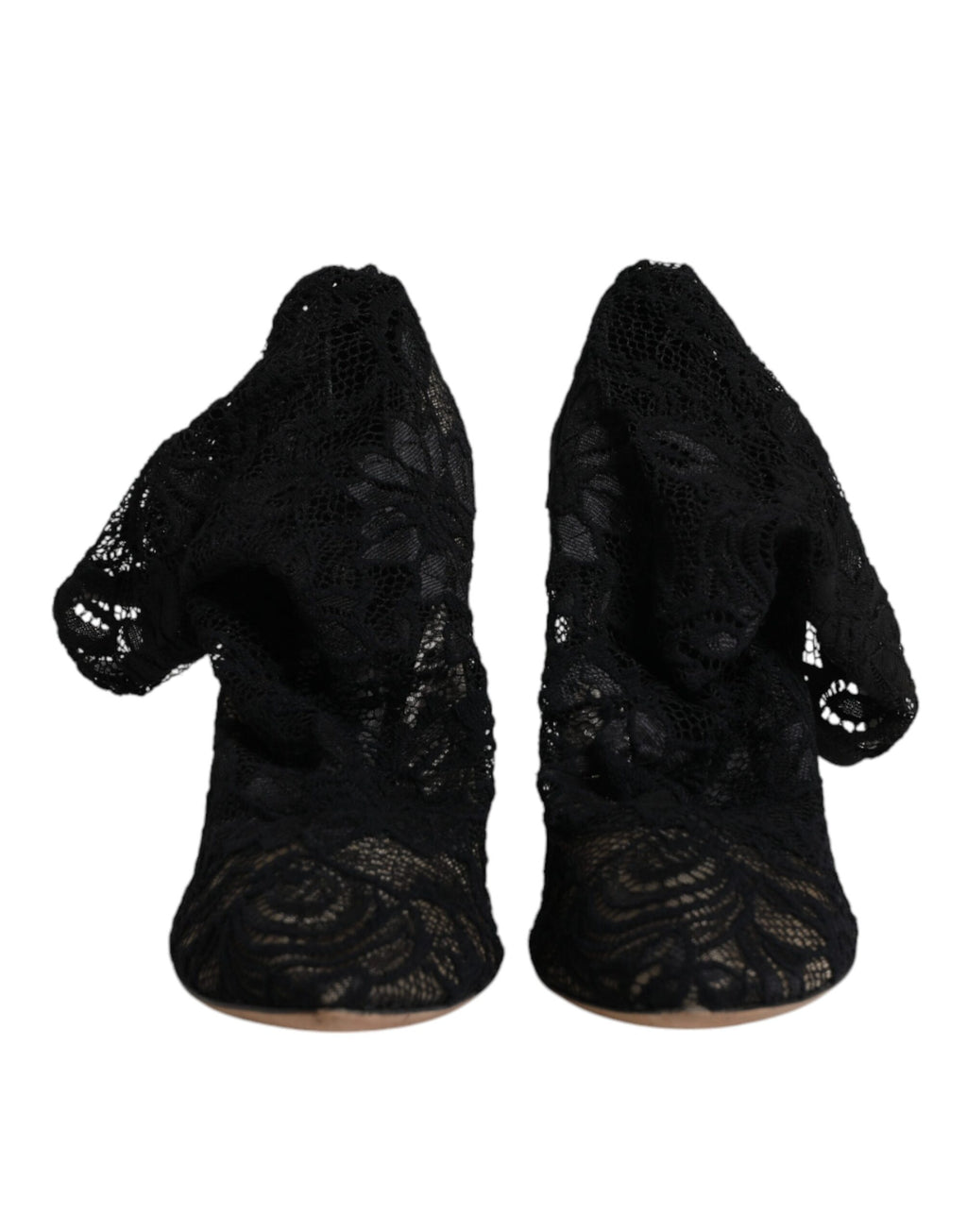 Chaussures Dolce & Gabbana, bottines noires en dentelle stretch et mi-mollet, avec talons élégants.