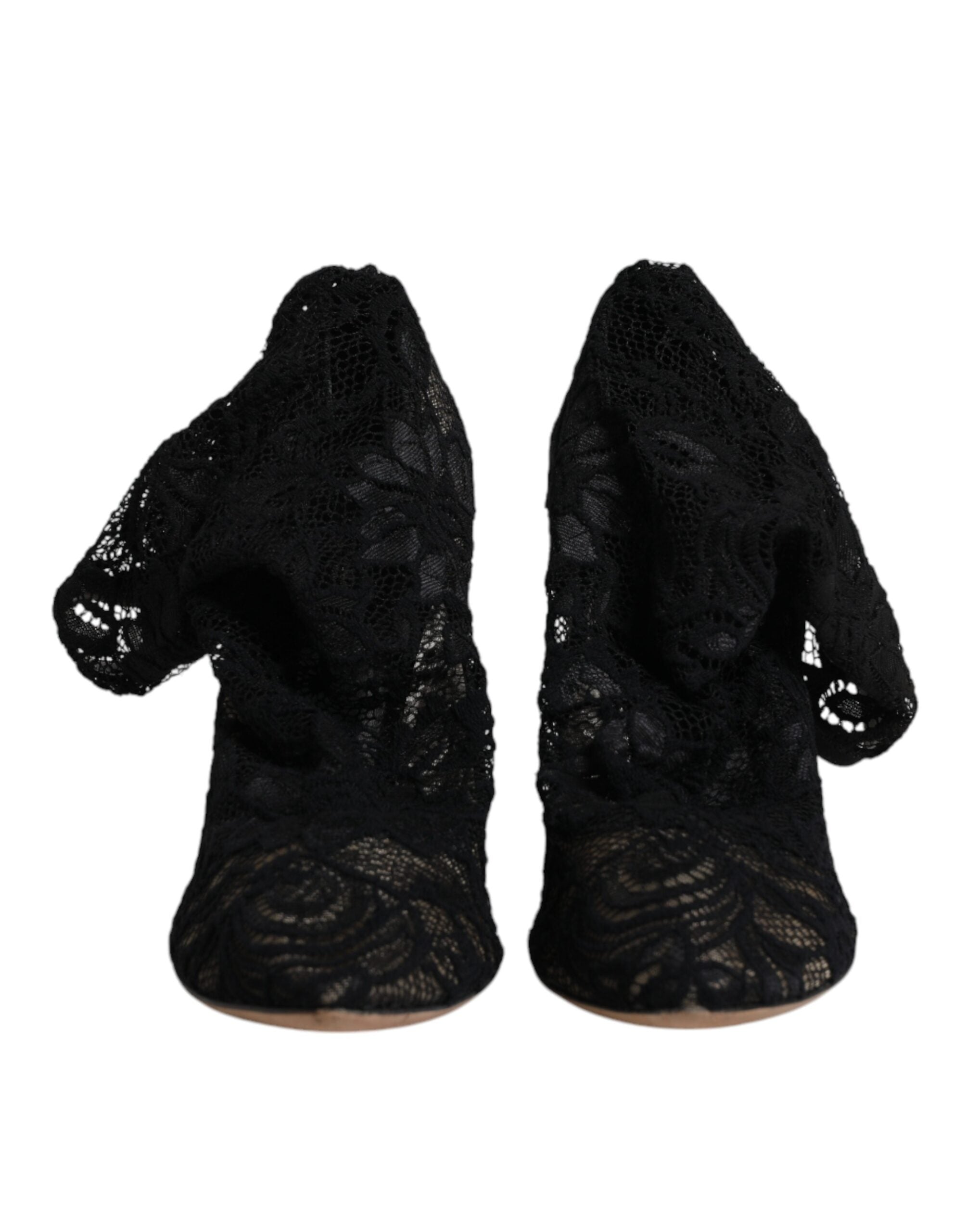 Chaussures Dolce & Gabbana, bottines noires en dentelle stretch et mi-mollet, avec talons élégants.