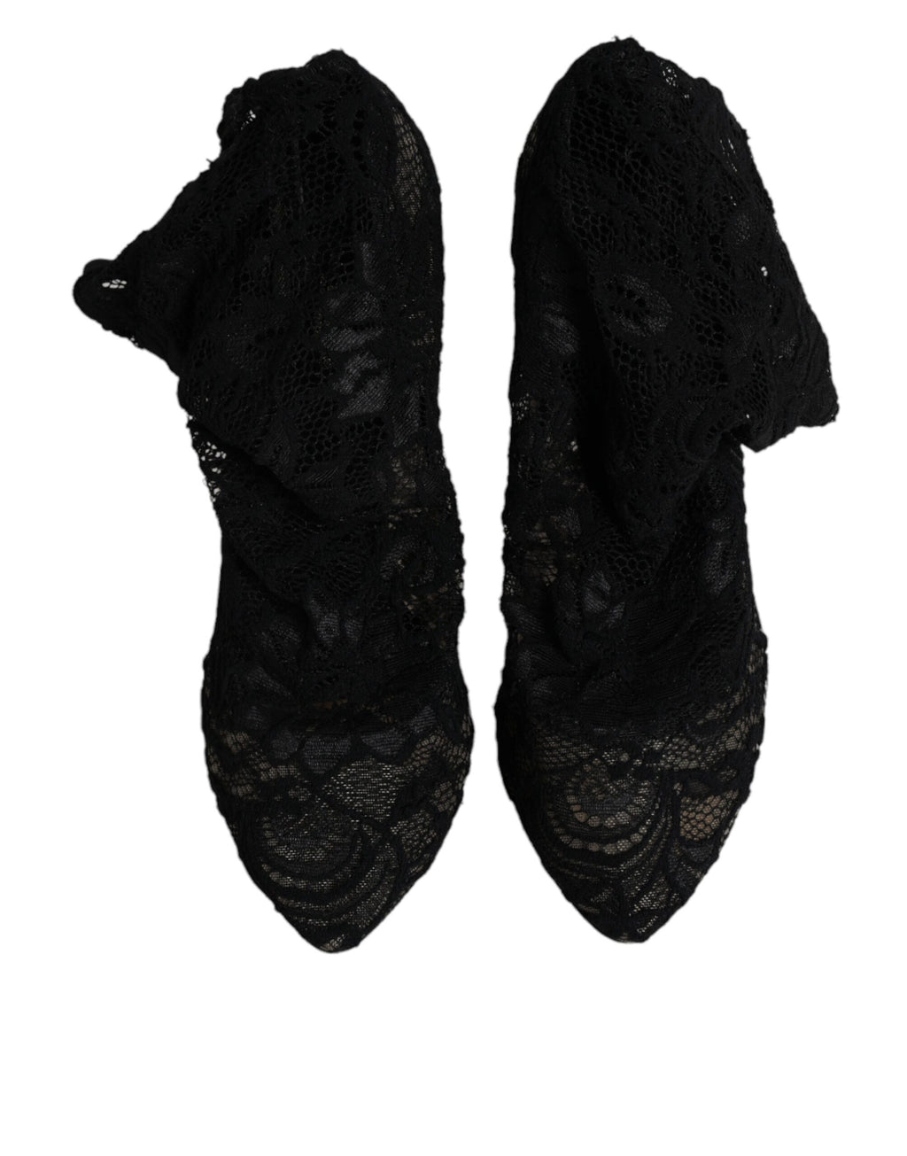 Chaussures Dolce & Gabbana à talons noirs en dentelle extensible, bottines mi-mollet élégantes et sophistiquées.