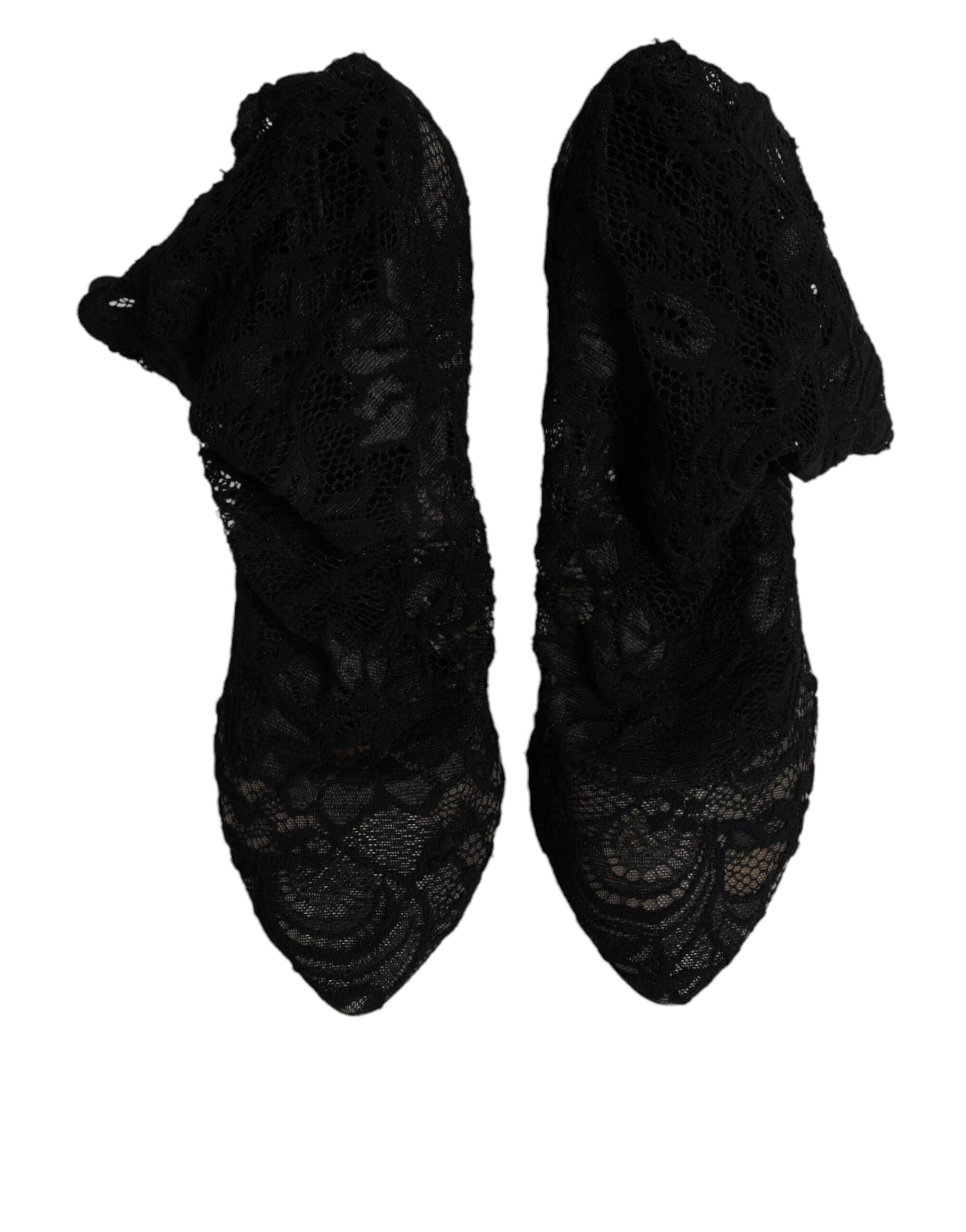 Chaussures Dolce & Gabbana à talons noirs en dentelle extensible, bottines mi-mollet élégantes et sophistiquées.