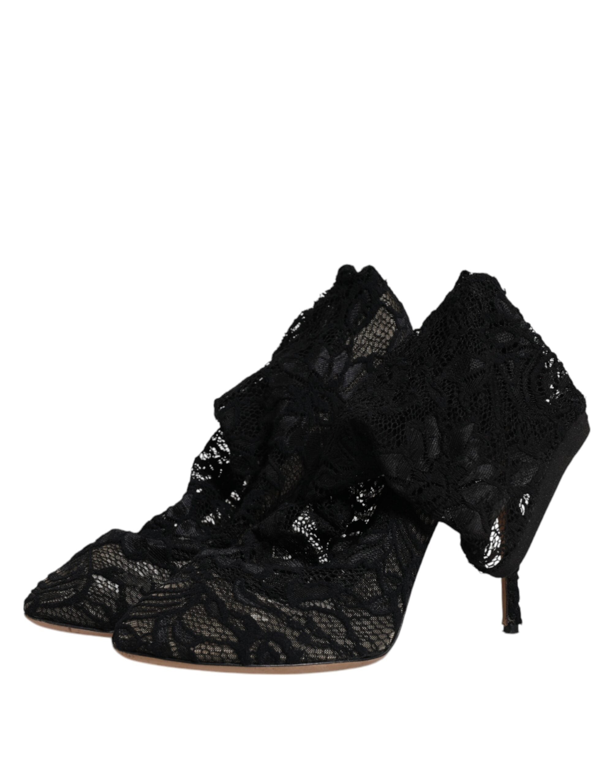 Chaussures Dolce & Gabbana, bottines noires en dentelle extensible mi-mollet avec talons élégants.