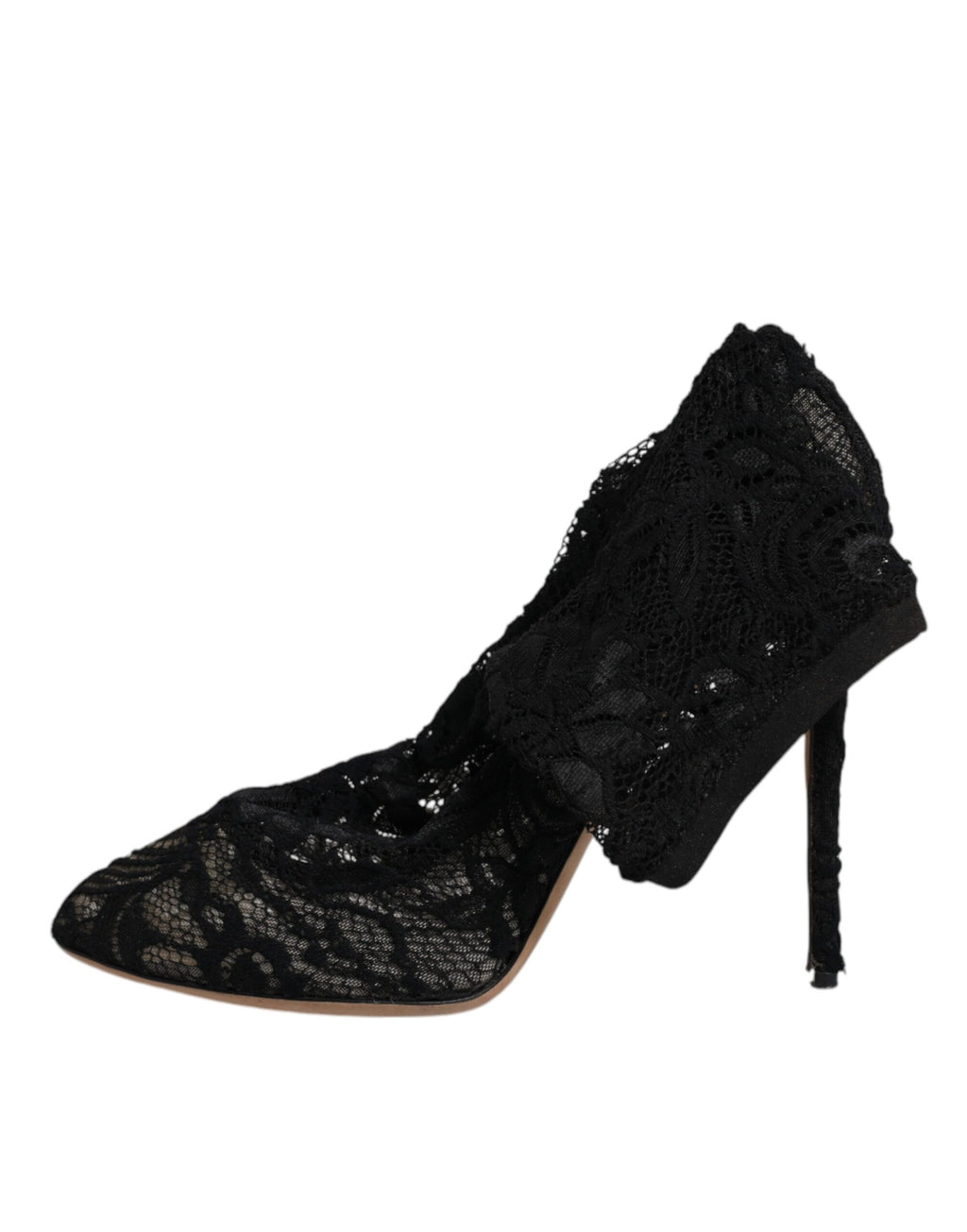 Chaussures Dolce & Gabbana bottines en dentelle noire extensible, mi-mollet, avec talons pour femme.