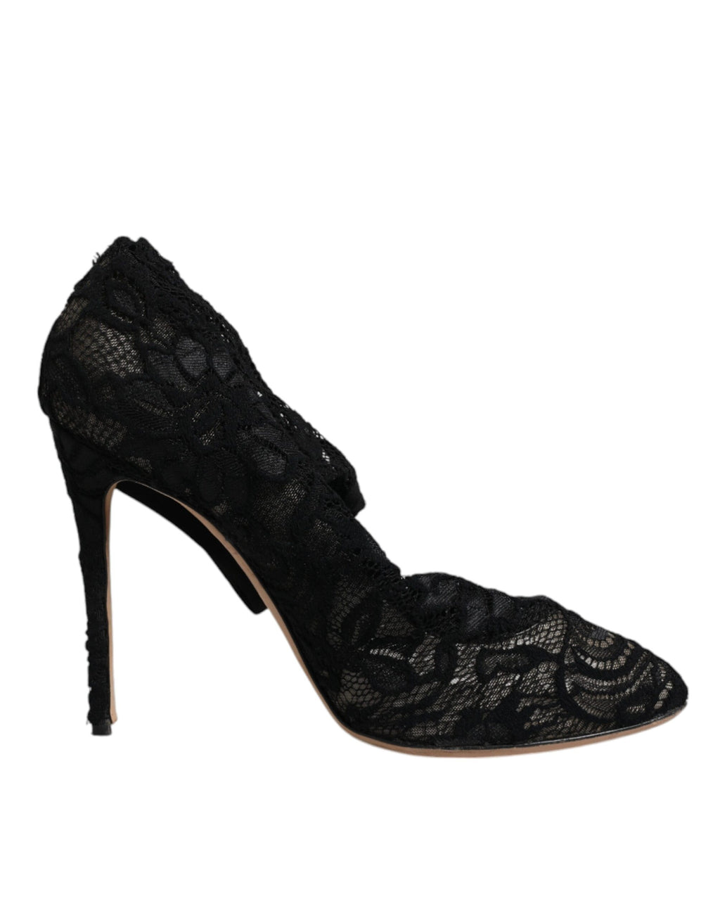 Chaussures à talons Dolce & Gabbana, bottines noires en dentelle extensible, mi-mollet, élégantes et sophistiquées.