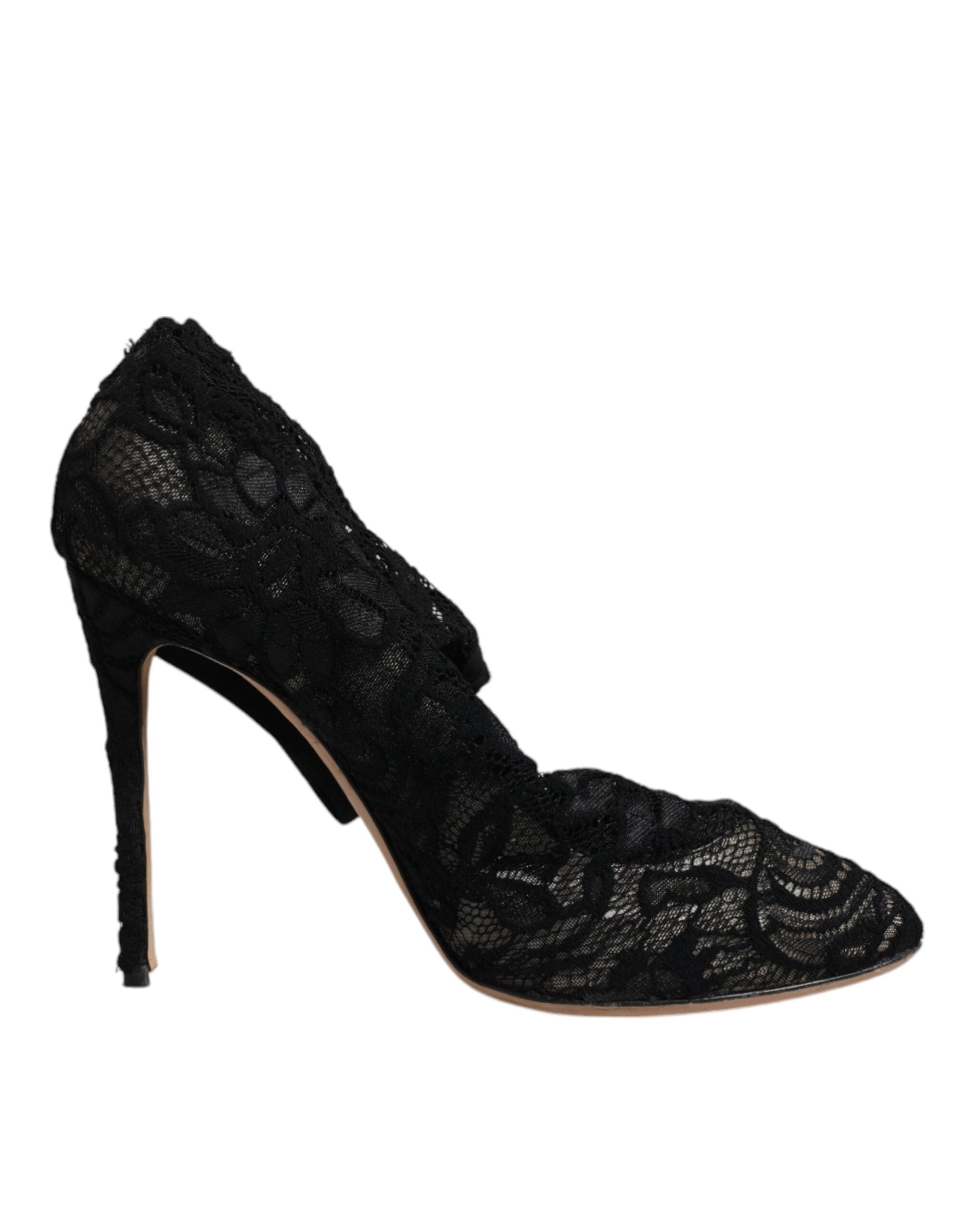 Chaussures à talons Dolce & Gabbana, bottines noires en dentelle extensible, mi-mollet, élégantes et sophistiquées.