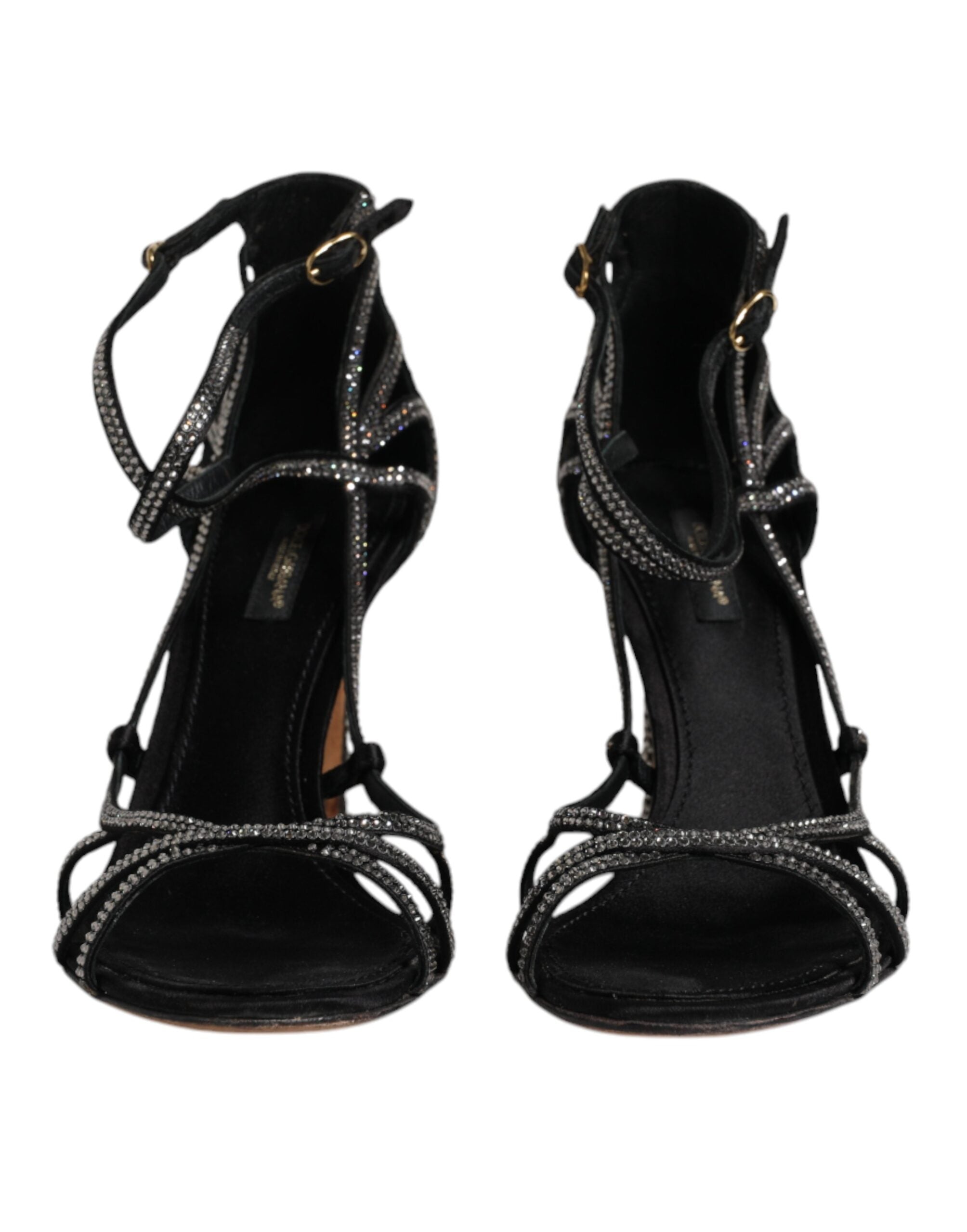 Sandales à talons Dolce & Gabbana noires avec bride à strass et semelle à talon, élégance pour occasion spéciale.