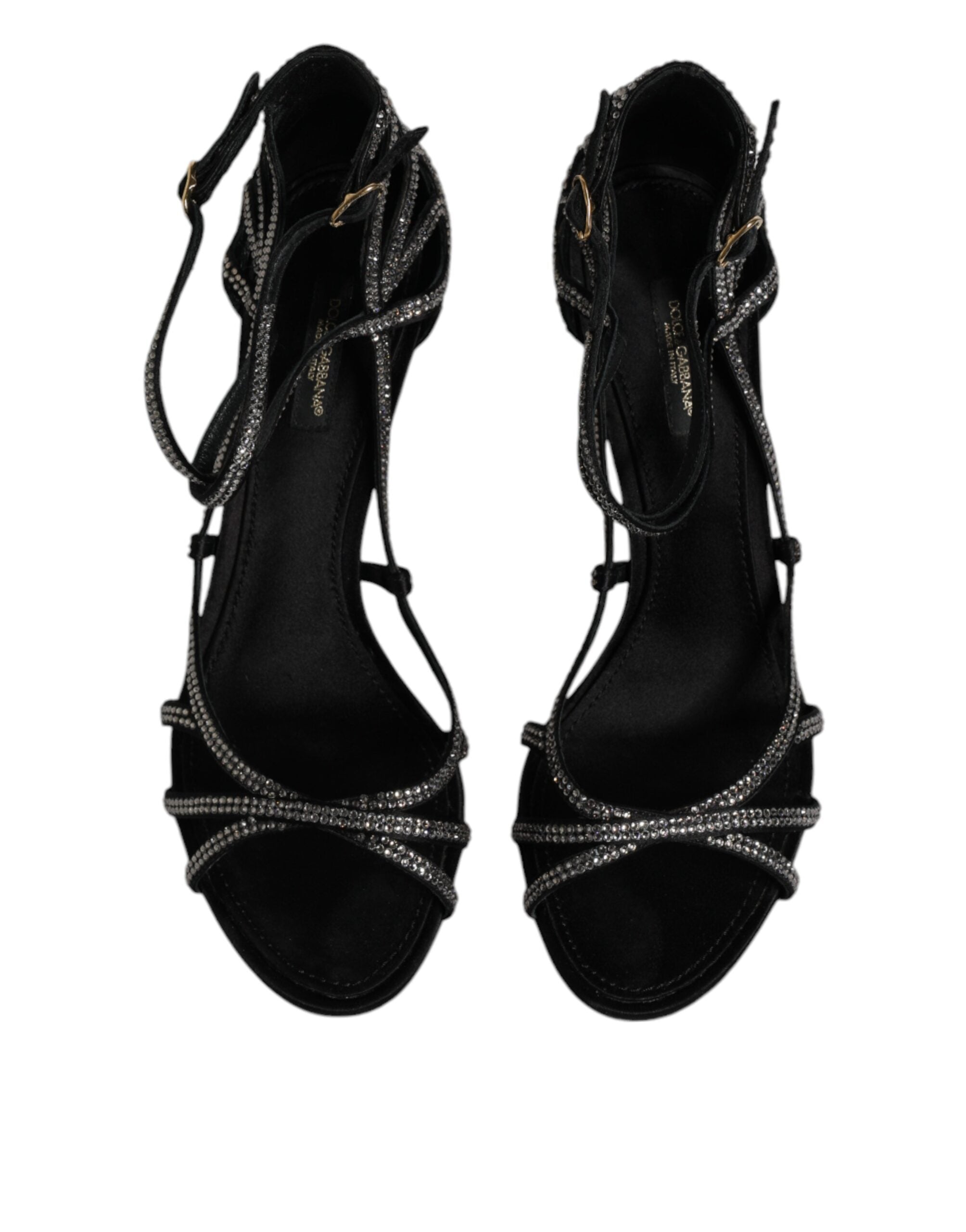 Sandales à talons noires Dolce & Gabbana avec bride à la cheville et strass, élégantes chaussures en cuir pour femme