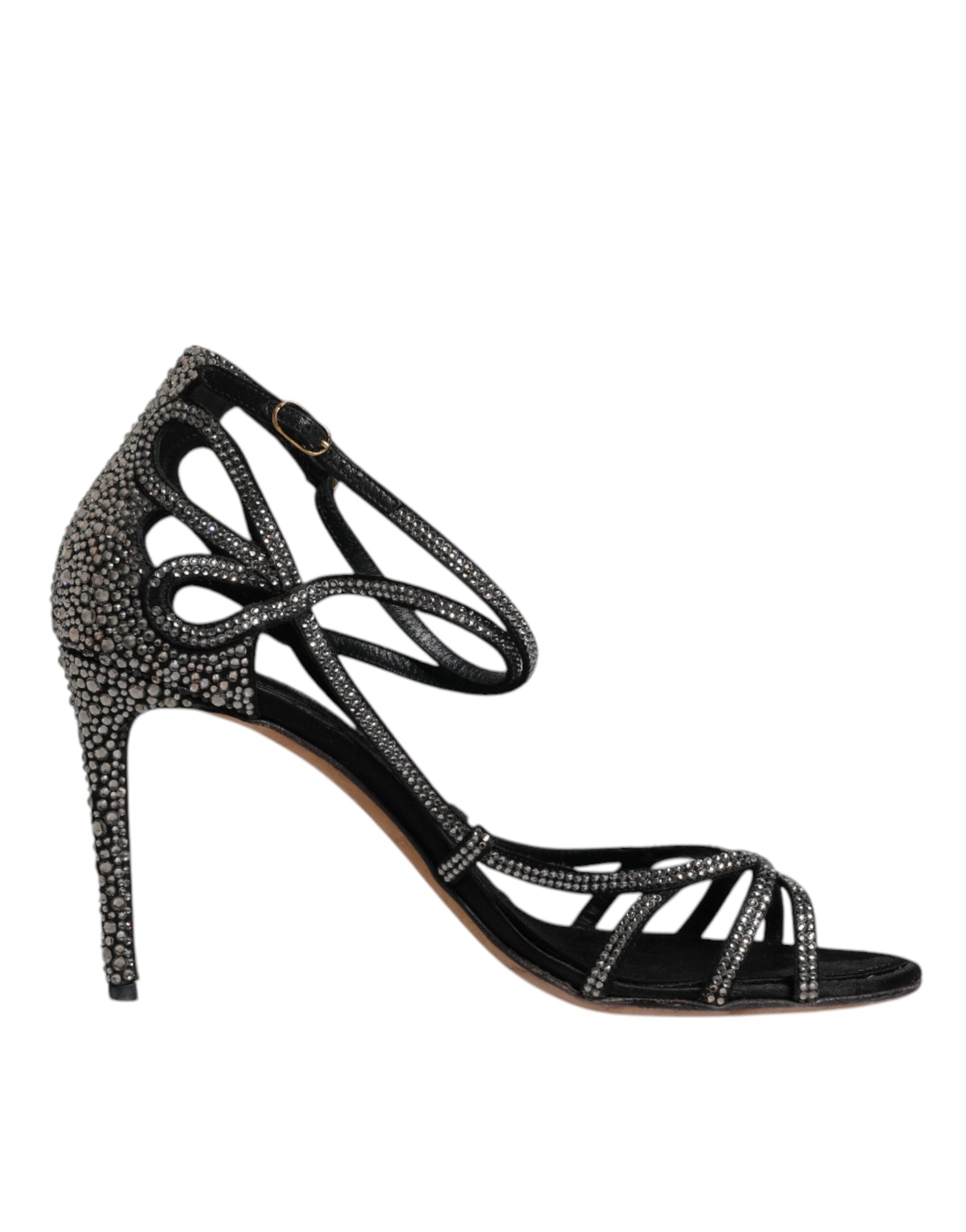 Sandales à talons Dolce & Gabbana noires avec bride à strass et semelle à talon pour femme, vue de côté.