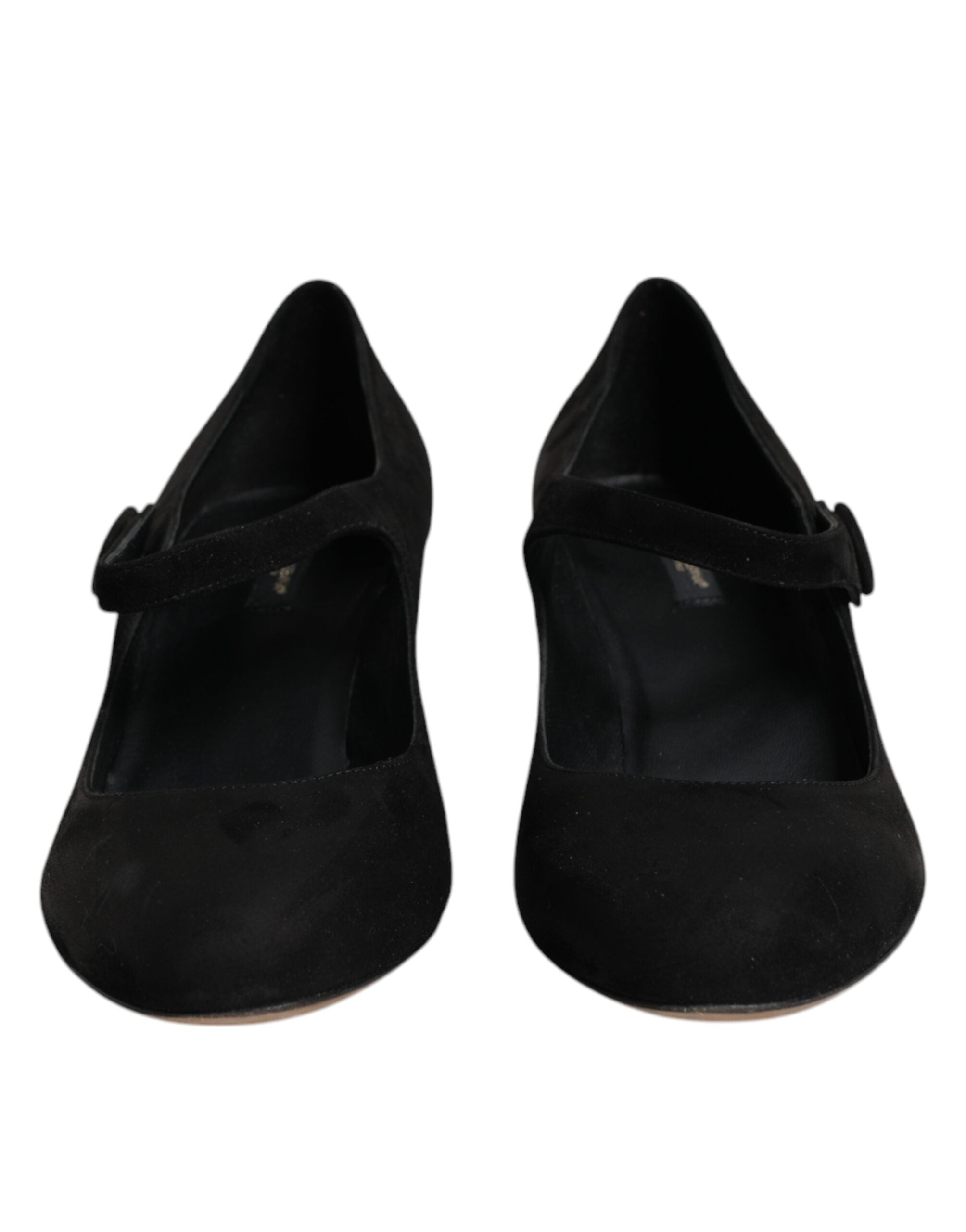 Chaussures à talons carrés en daim noir Dolce & Gabbana, escarpins sophistiqués avec semelle en cuir et design élégant.
