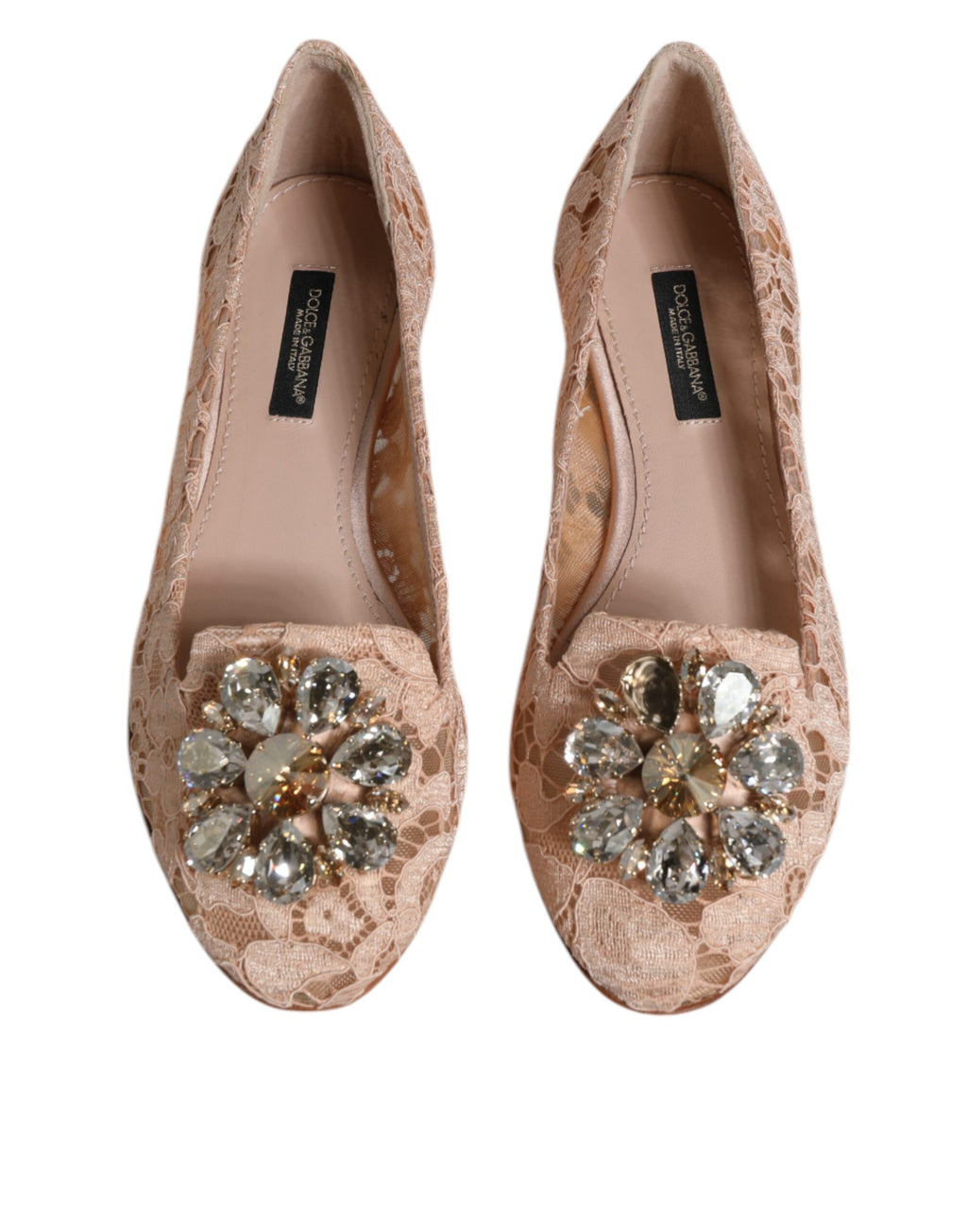 Chaussures ballerines en dentelle beige Dolce & Gabbana avec cristaux, élégantes mocassins plates pour femmes.