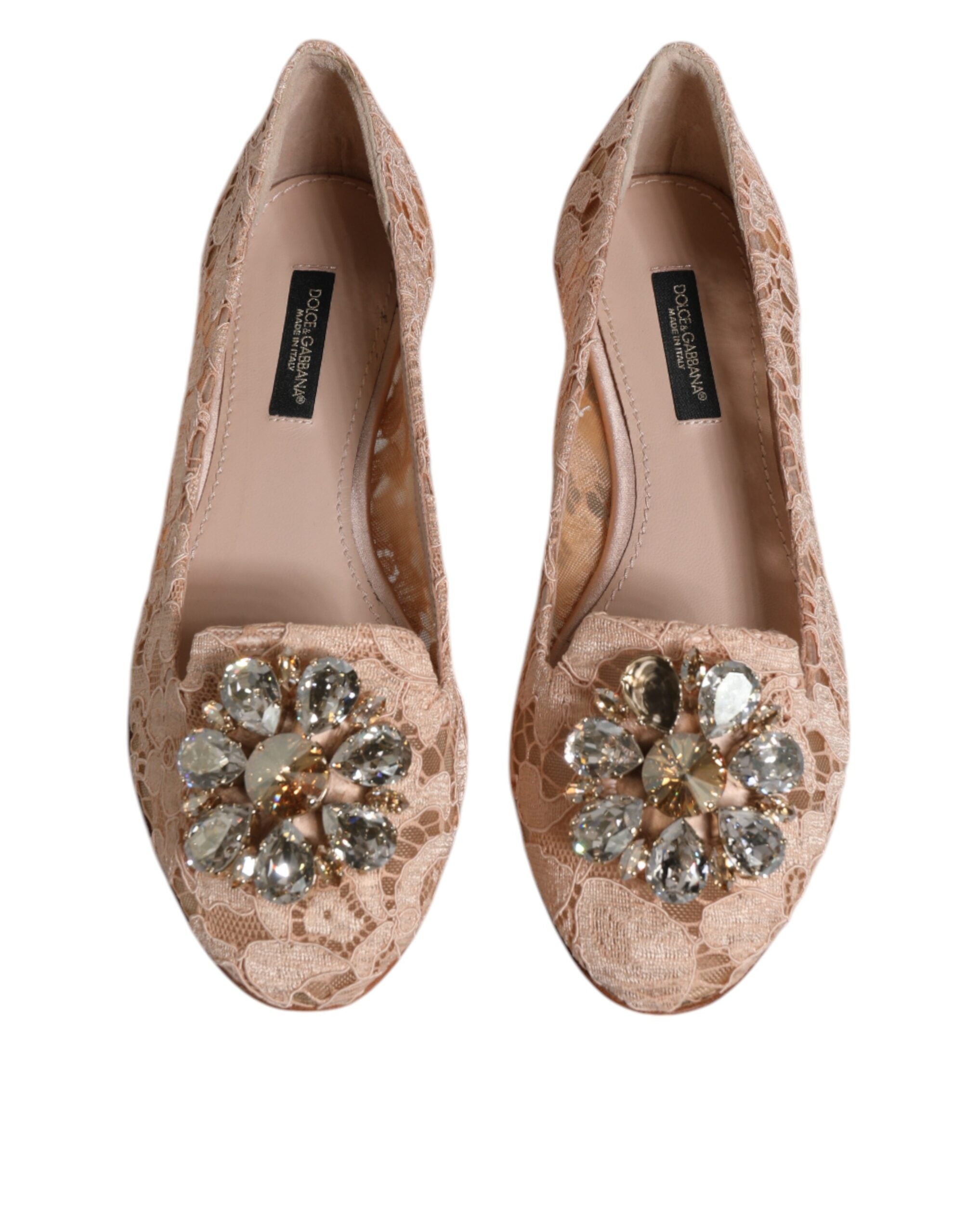 Chaussures ballerines en dentelle beige Dolce & Gabbana avec cristaux, élégantes mocassins plates pour femmes.