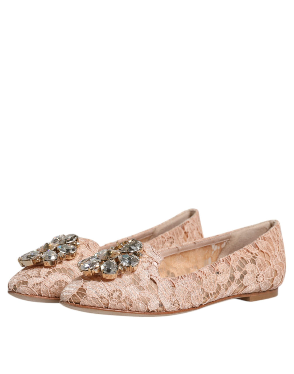 Chaussures ballerines Dolce & Gabbana beige en dentelle avec cristaux, loafers élégants pour femme.