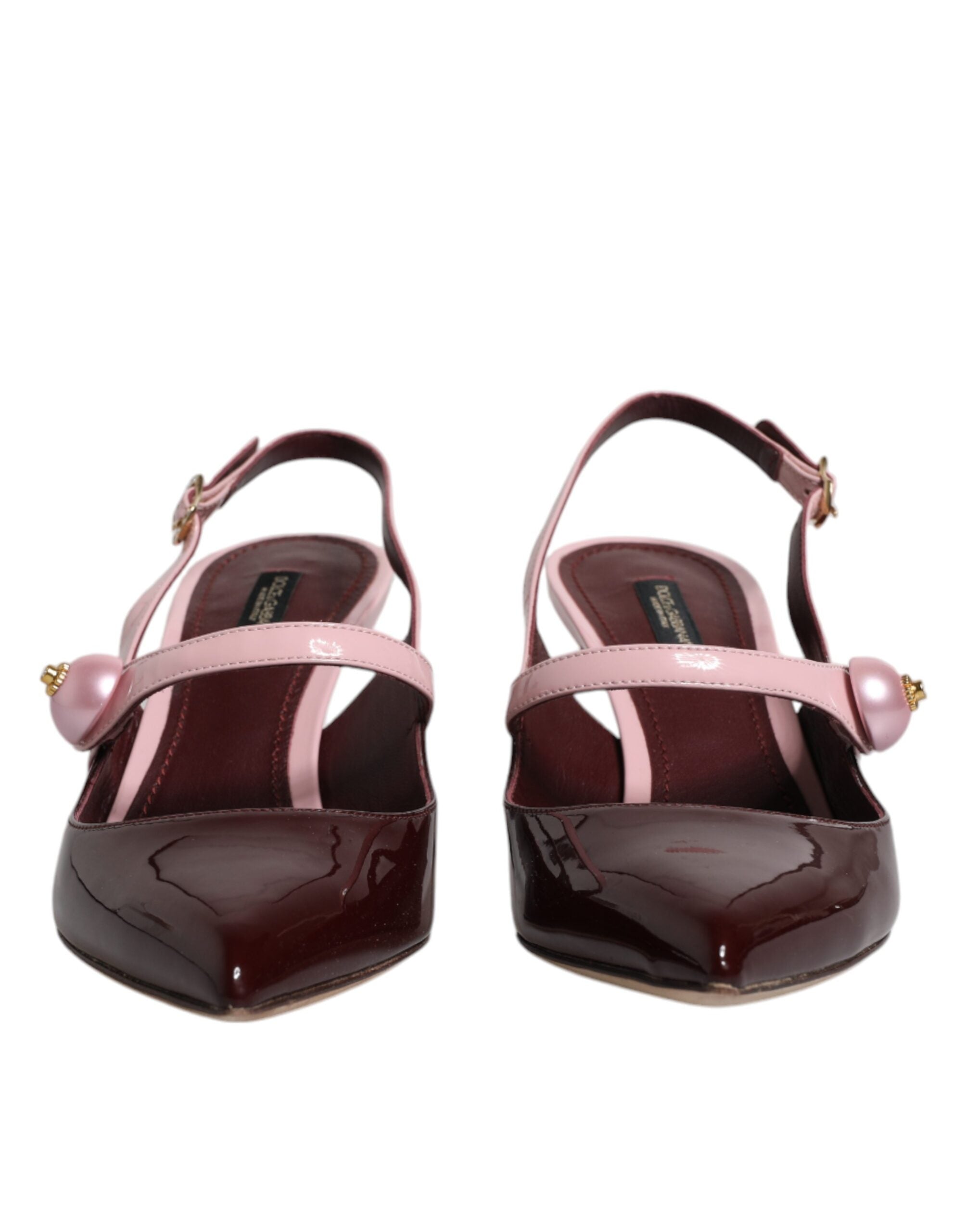 Chaussures à talons kitten en cuir rose et marron de Dolce & Gabbana, sandales à talons slingbacks élégantes.