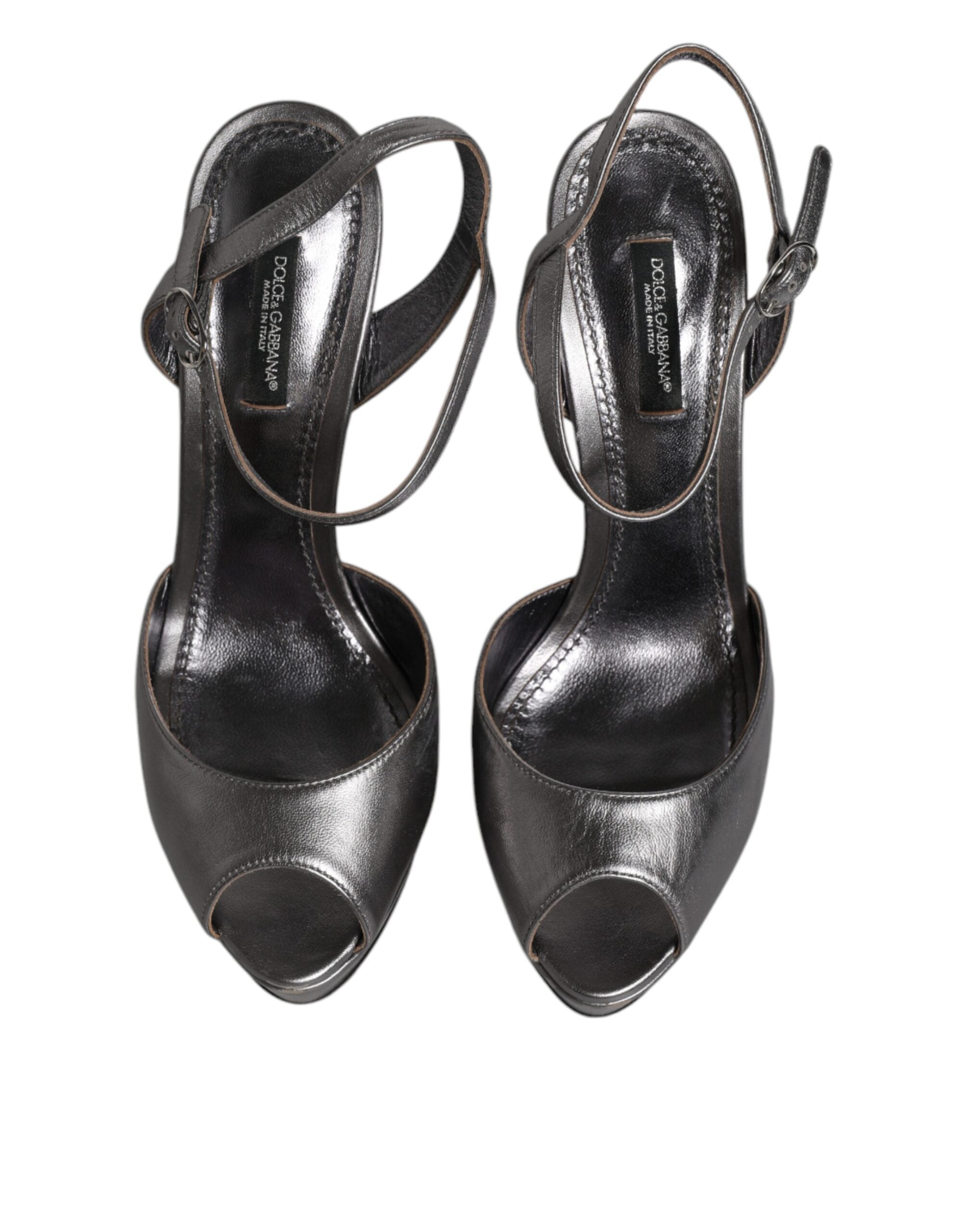 Sandales à talons compensés en cuir argenté de Dolce & Gabbana, chaussures élégantes et sophistiquées.