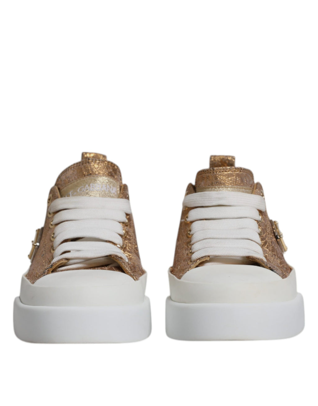 Chaussures basses Dolce & Gabbana or blanc avec logo, sneakers en cuir pour homme, vue de face.