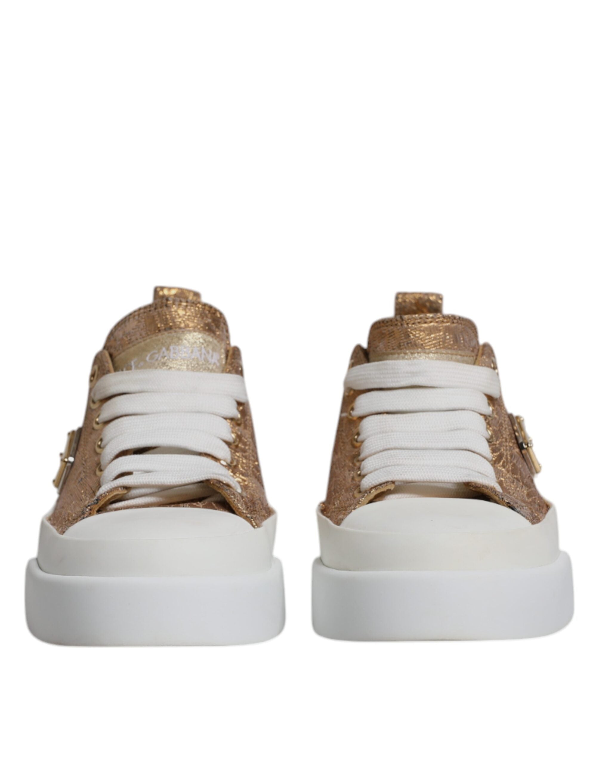 Chaussures basses Dolce & Gabbana or blanc avec logo, sneakers en cuir pour homme, vue de face.