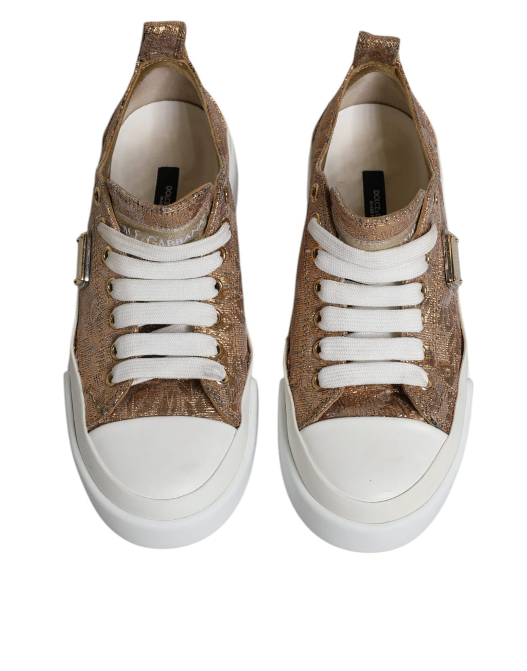 Chaussures basses Dolce & Gabbana or et blanc avec logo, sneakers élégants pour hommes.