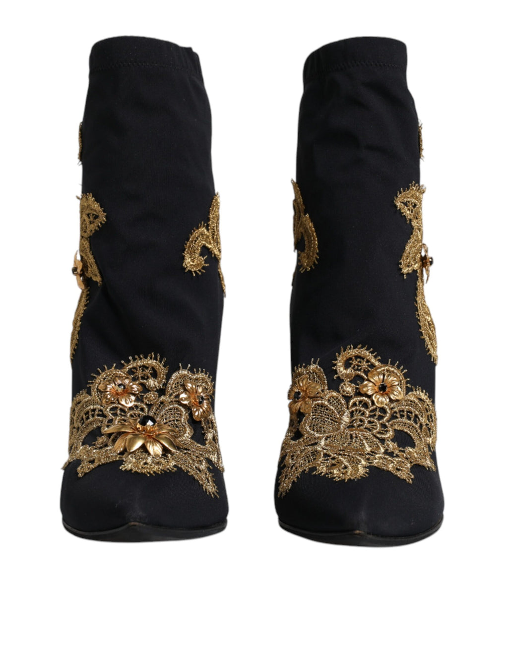 Chaussures à enfiler Dolce & Gabbana noires avec broderie or, boots élégantes en cuir, vue de côté.