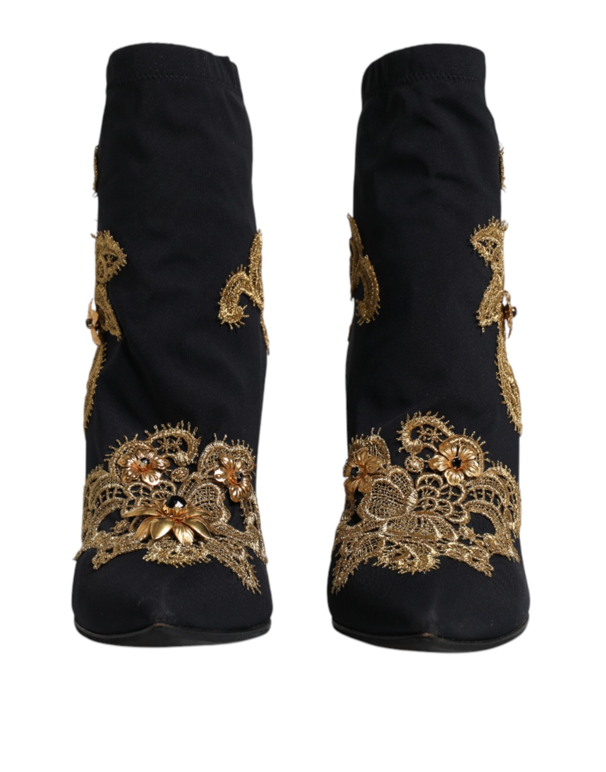 Chaussures à enfiler Dolce & Gabbana noires avec broderie or, boots élégantes en cuir, vue de côté.