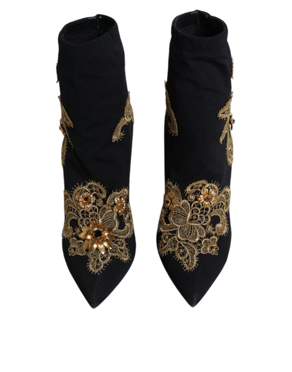 Chaussures slip-on Dolce & Gabbana noires avec broderie or, bottines élégantes en cuir pour femme.