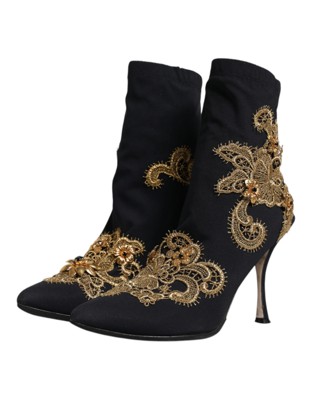 Bottes Dolce & Gabbana noires avec broderies dorées, en slip-on élégantes et sophistiquées, visibles en image.