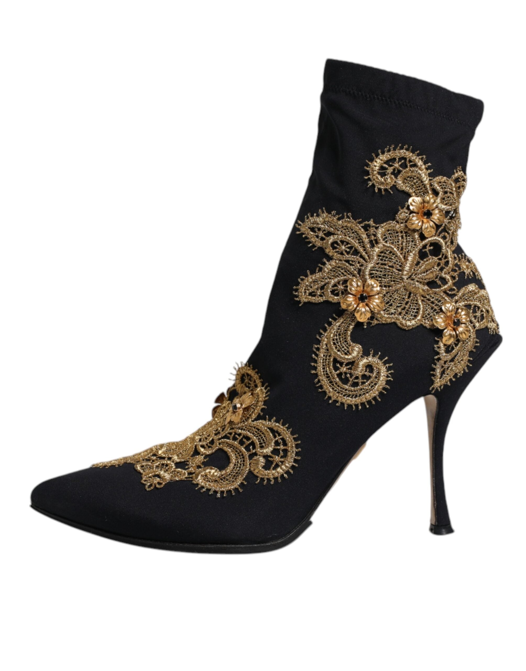 Chaussures Dolce & Gabbana slip-on noires avec broderie dorée, élégantes bottines en cuir pour femmes.