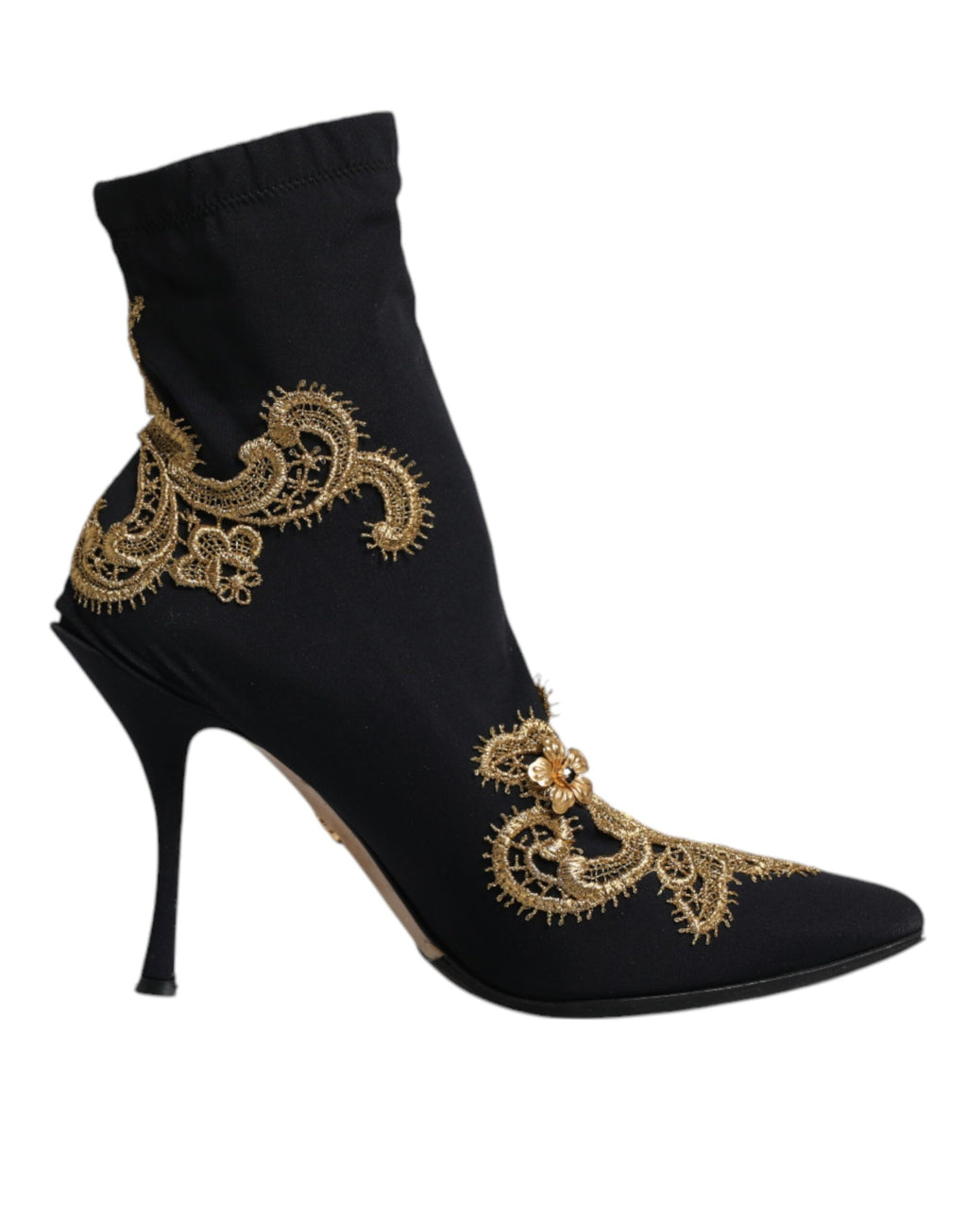 Chaussures Dolce & Gabbana slip-on noires avec broderie dorée, élégantes bottines à la mode, vues de côté.