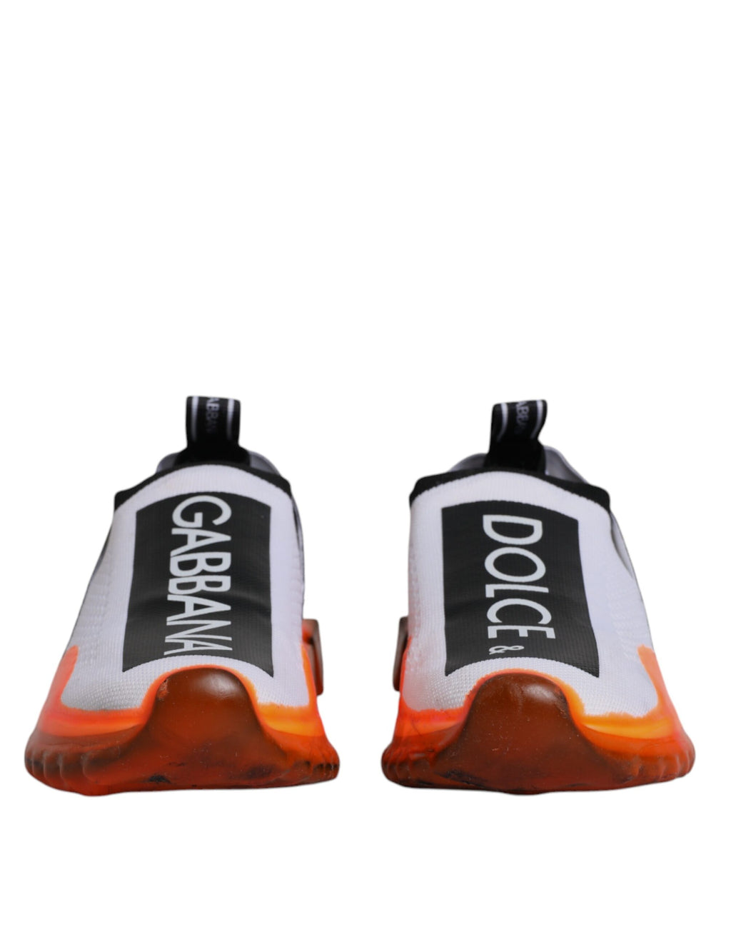 Chaussures sneakers slip-on blanches Dolce & Gabbana Sorrento avec détails orange, vue de face.