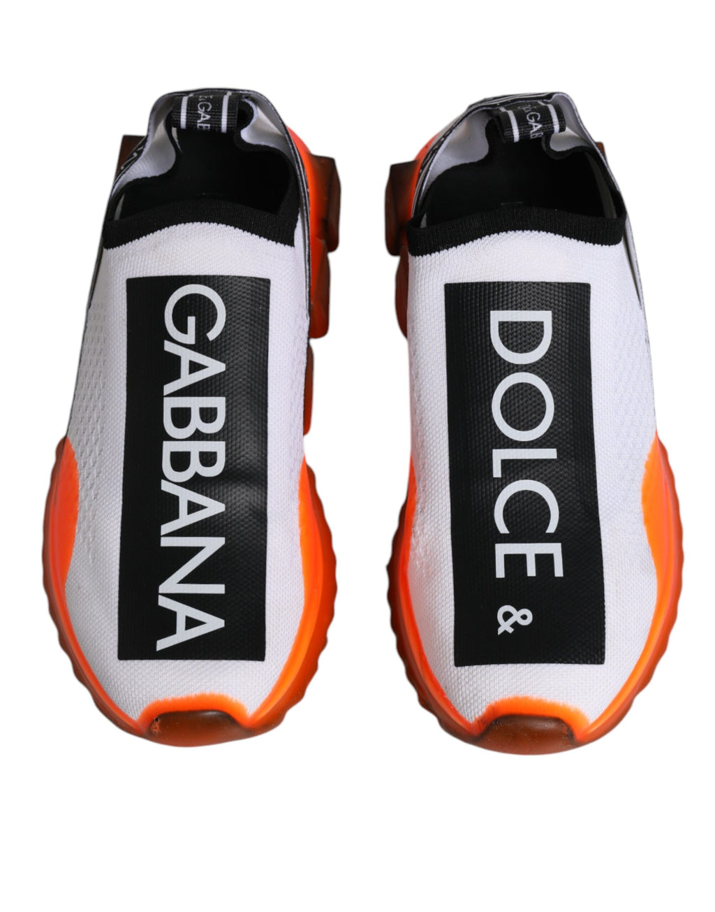 Chaussures sneakers Dolce & Gabbana Sorrento blanches avec détails orange, style Slip On, vue de face.