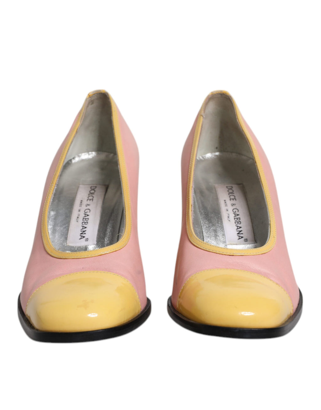 Chaussures à talons hauts Dolce & Gabbana en cuir rose et jaune, semelle bloc élégante pour femmes.