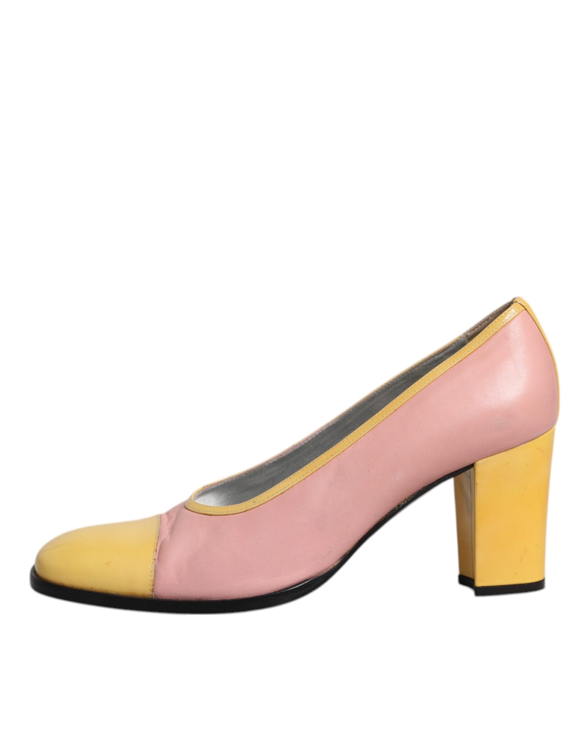 Chaussures à talons blocs Dolce & Gabbana en cuir rose et jaune, style élégant avec semelle en cuir.