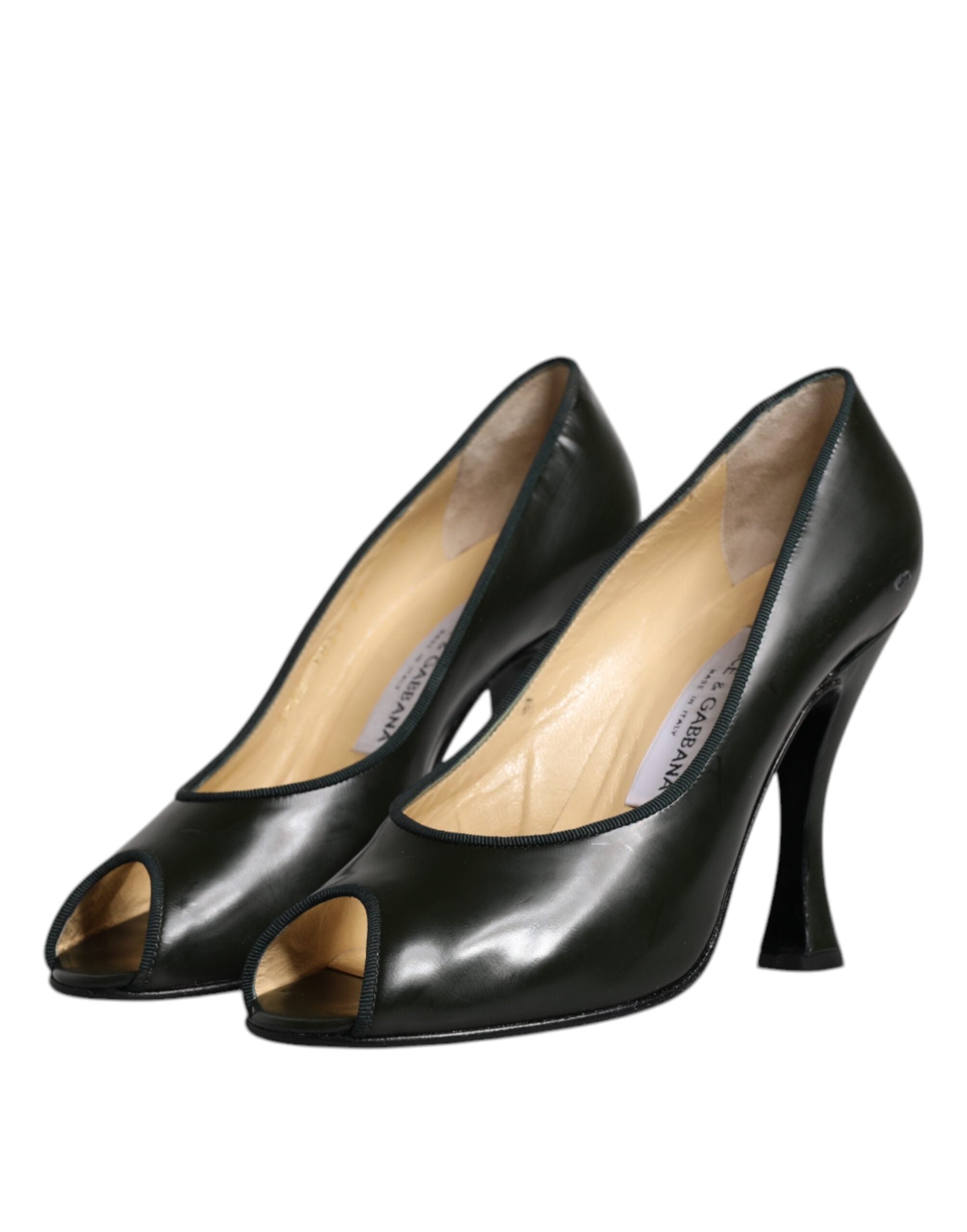 Escarpins en cuir vert Dolce & Gabbana à bout ouvert, chaussures élégantes pour femmes.