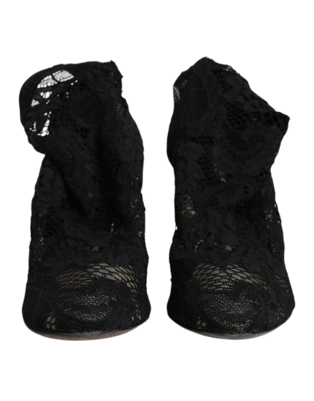 Chaussures Dolce & Gabbana à talons noirs en dentelle extensible, bottines mi-mollet élégantes avec semelle en cuir.