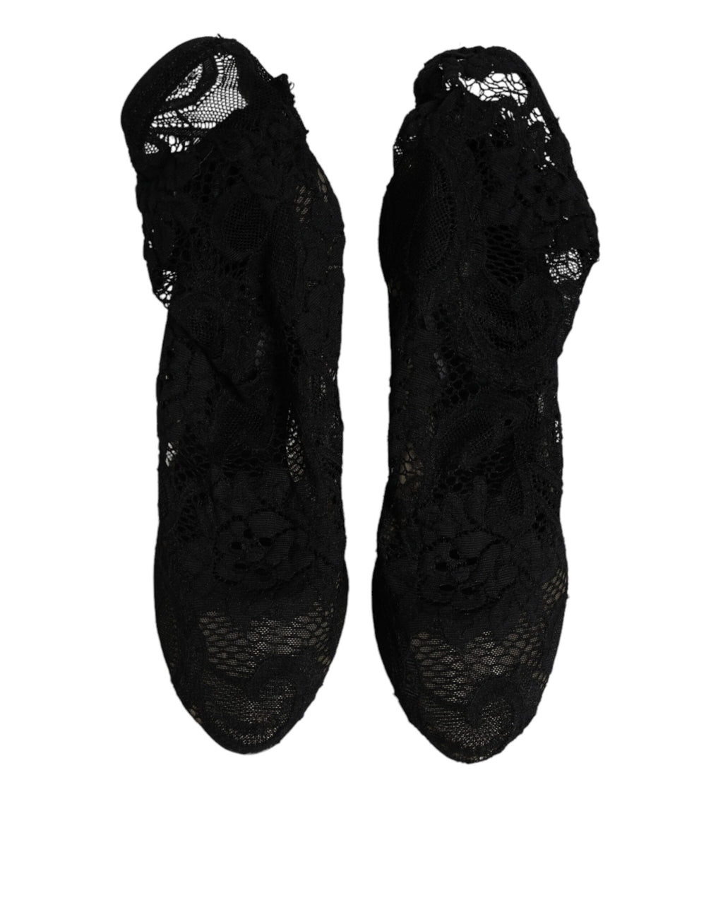 Chaussures Dolce & Gabbana à talons avec bottines en dentelle noire stretch et mi-mollet, élégantes et sophistiquées.