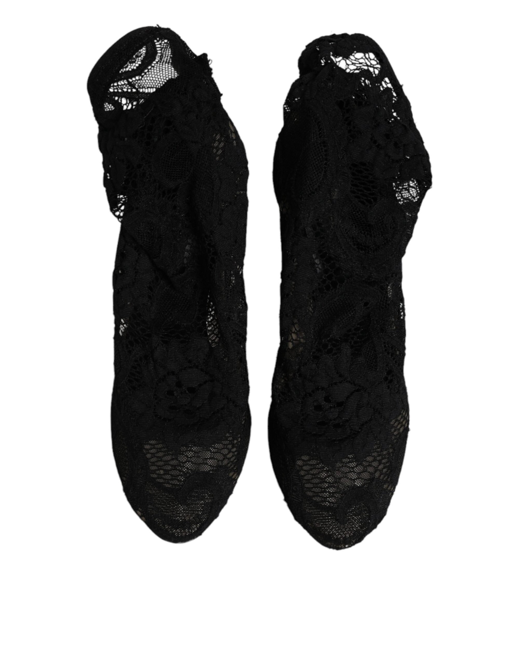 Chaussures Dolce & Gabbana à talons avec bottines en dentelle noire stretch et mi-mollet, élégantes et sophistiquées.