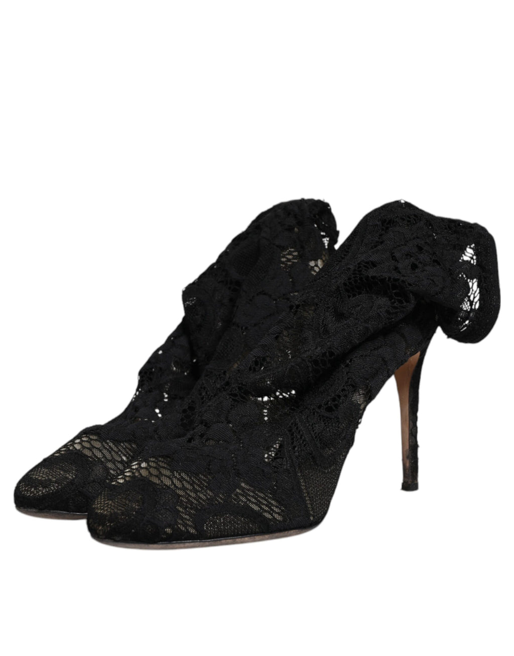 Chaussures Dolce & Gabbana talons en dentelle noire, bottines mi-mollet extensibles et élégantes, vue de face.
