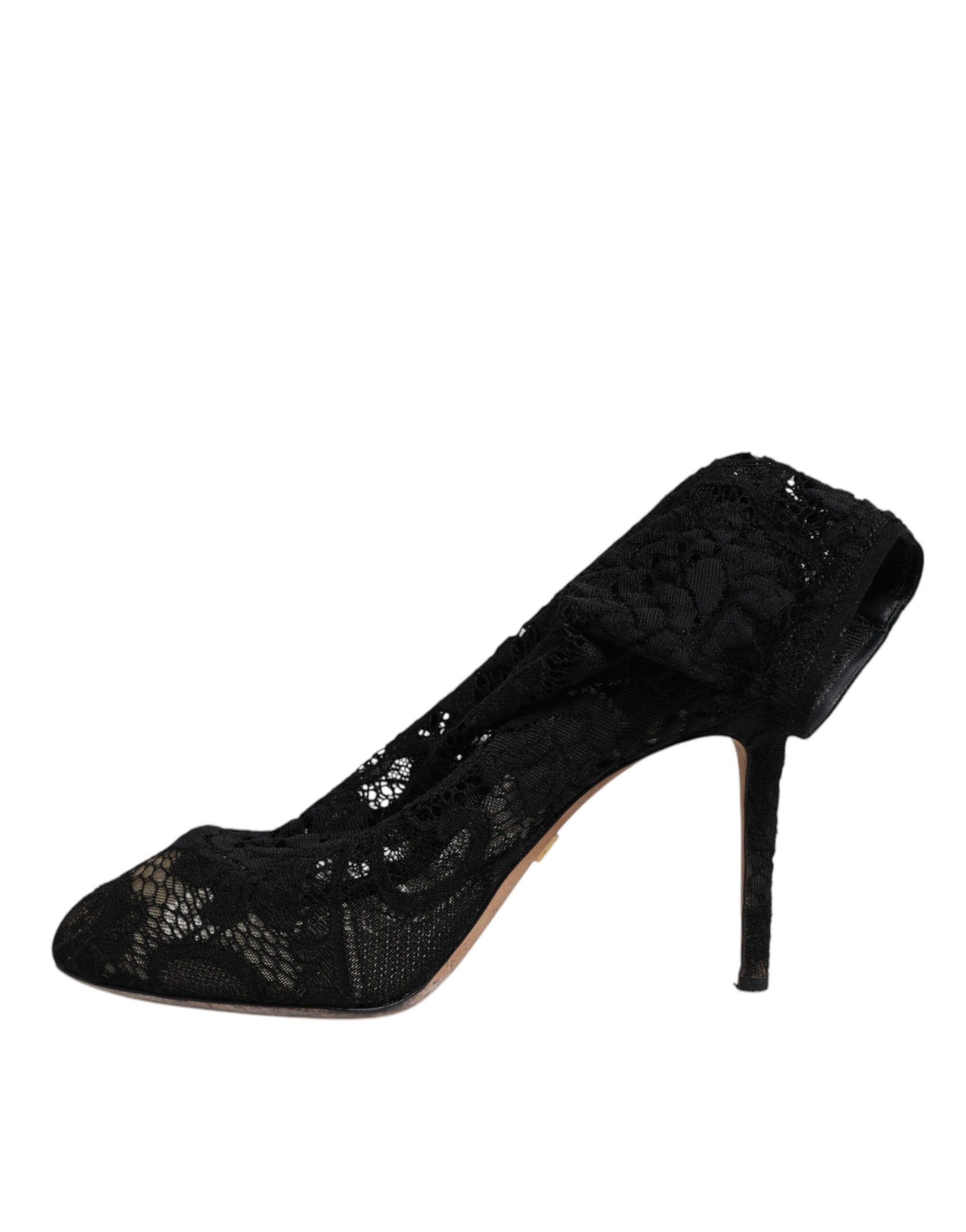 Chaussures Dolce & Gabbana à talons noirs en dentelle extensible, bottines mi-mollet élégantes pour femmes.