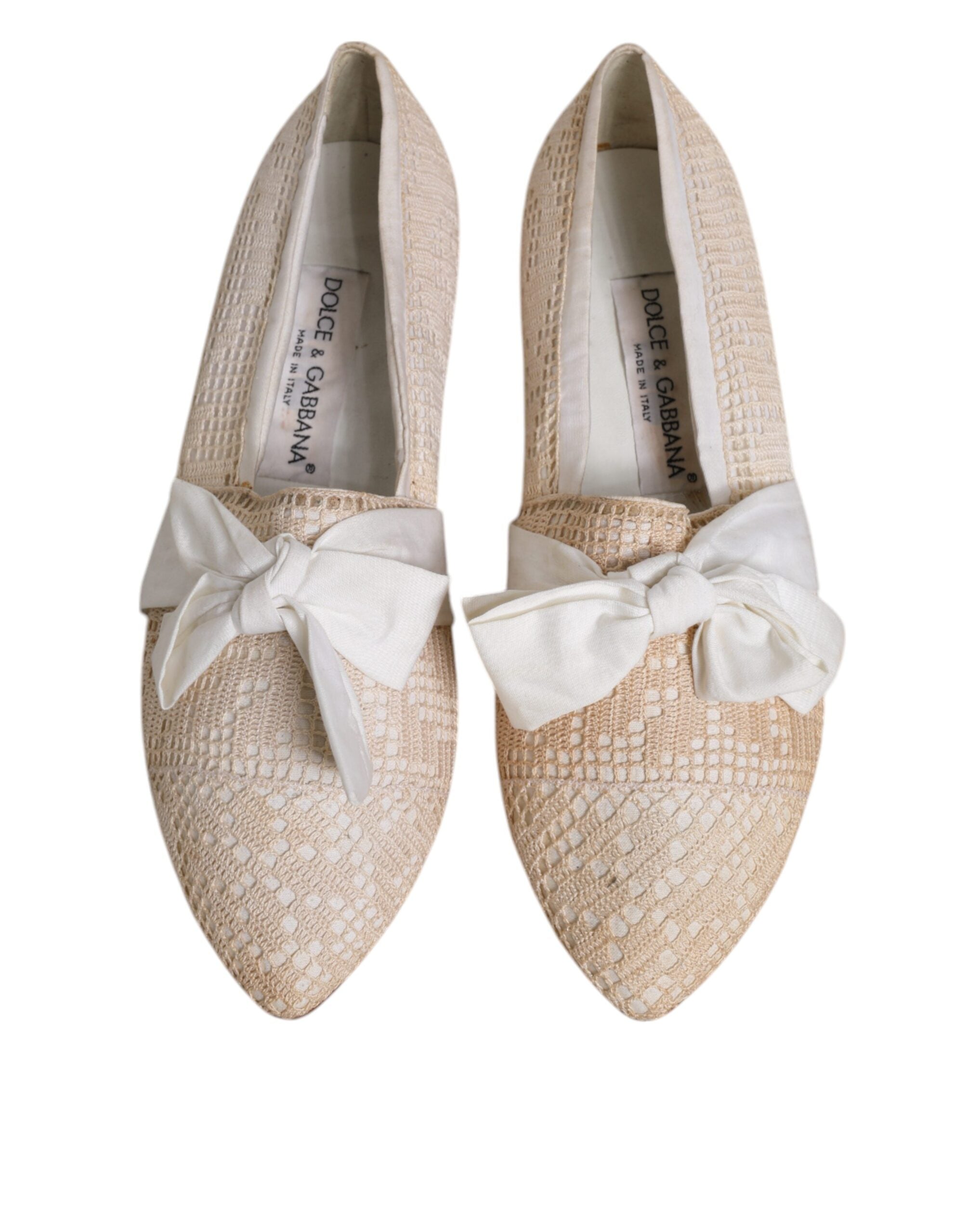 Chaussures ballerines Dolce & Gabbana en tissu beige avec ruban, chaussures à la mode pour femmes élégantes.