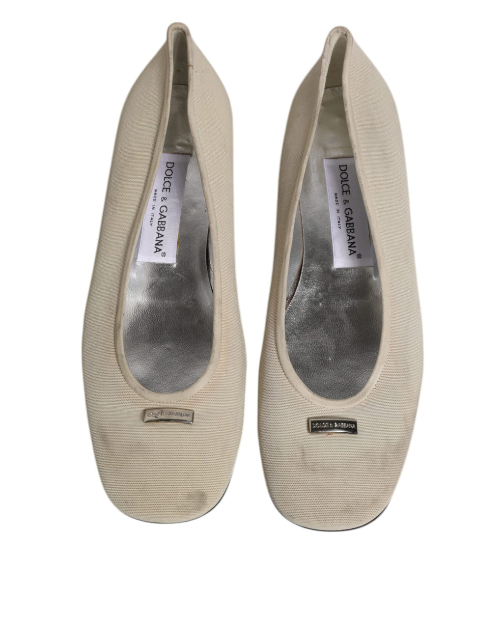 Chaussures ballerines Dolce & Gabbana en tissu beige, slip-on élégantes et confortables pour femme.