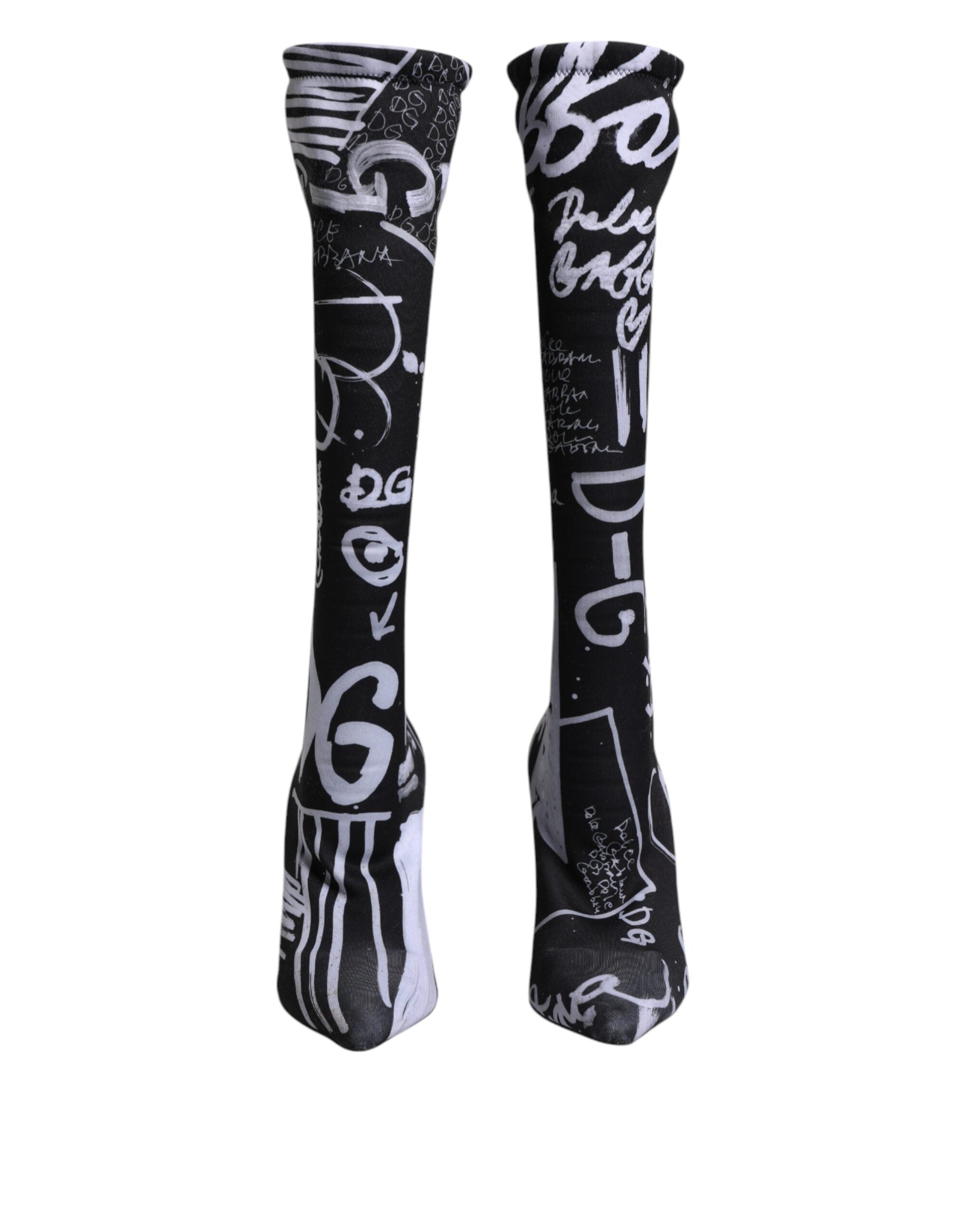 Chaussures noires à logo Dolce & Gabbana, bottines à talons stretch et hautes, élégantes et sophistiquées.
