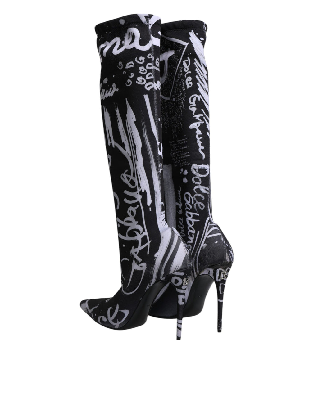 Chaussures à talons haut Dolce & Gabbana, bottines noires en satin avec logo stretch et semelle élégante.