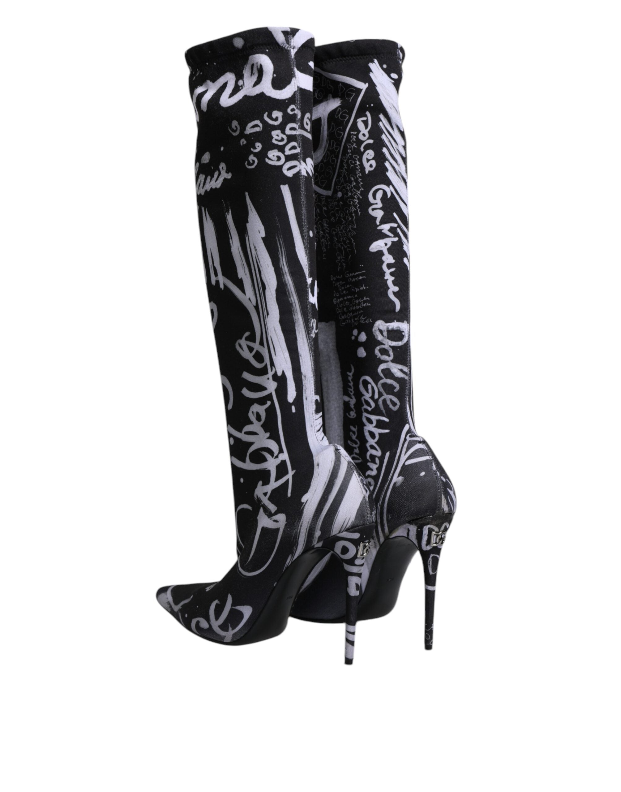 Chaussures à talons haut Dolce & Gabbana, bottines noires en satin avec logo stretch et semelle élégante.