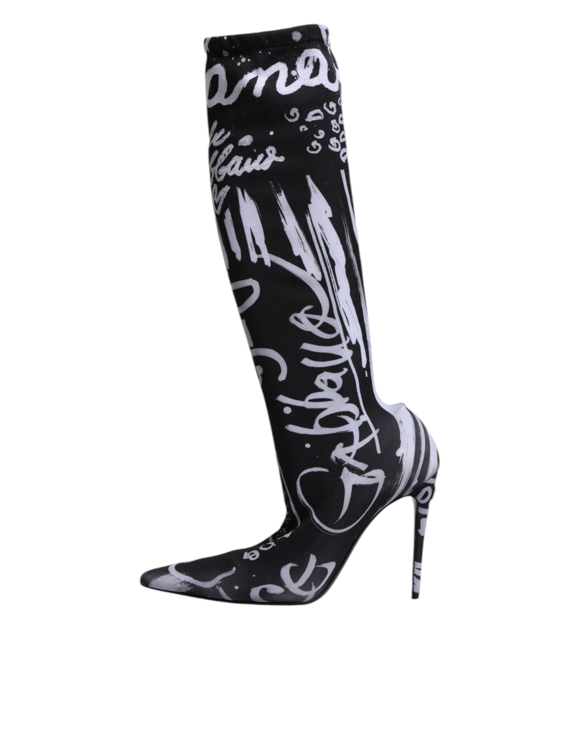 Chaussures à talons hauts Dolce & Gabbana noires avec logo stretch, bottines élégantes en cuir pour femmes.