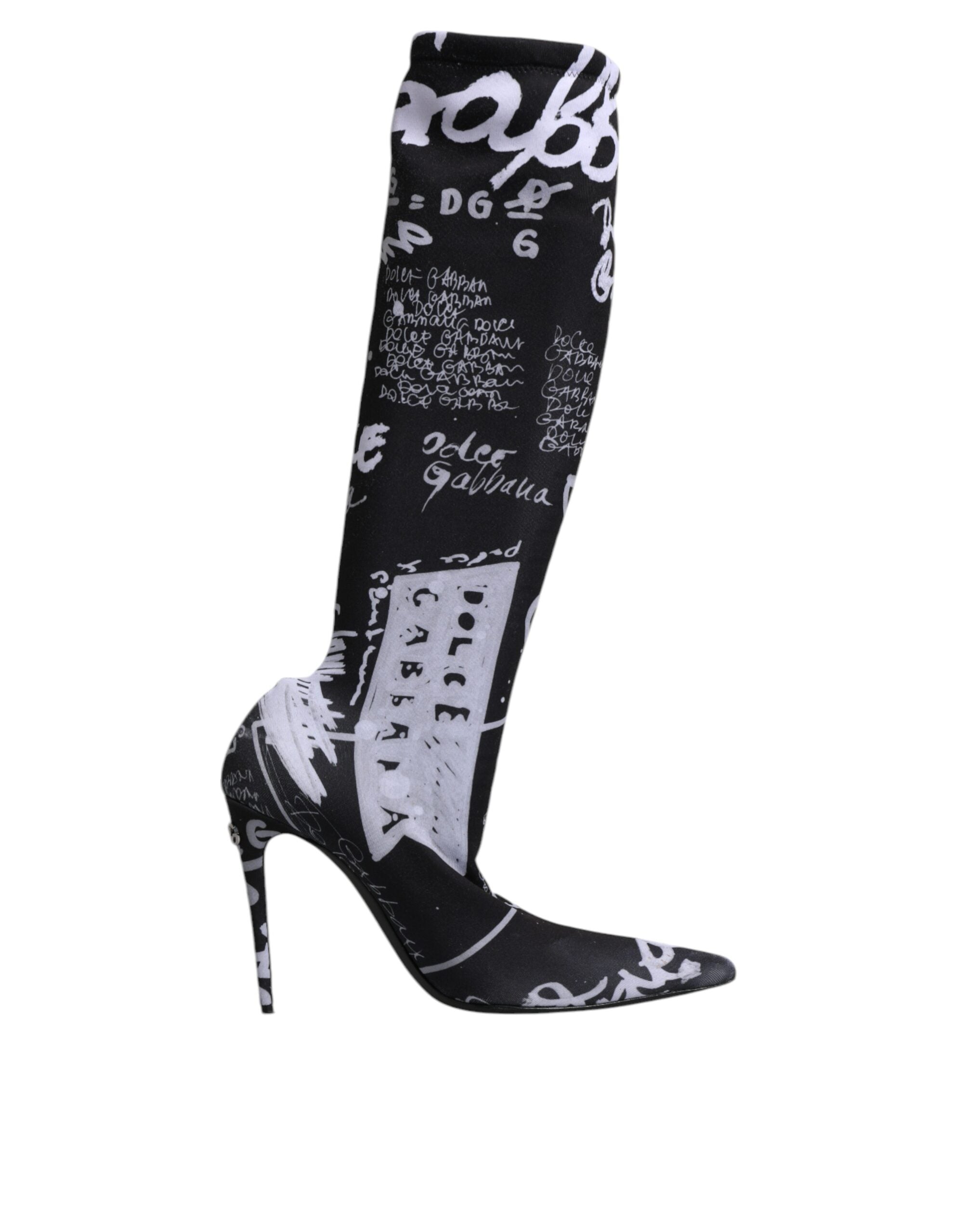Chaussures à talons hauts Dolce & Gabbana noires avec logo stretch, bottines élégantes en cuir pour femmes.