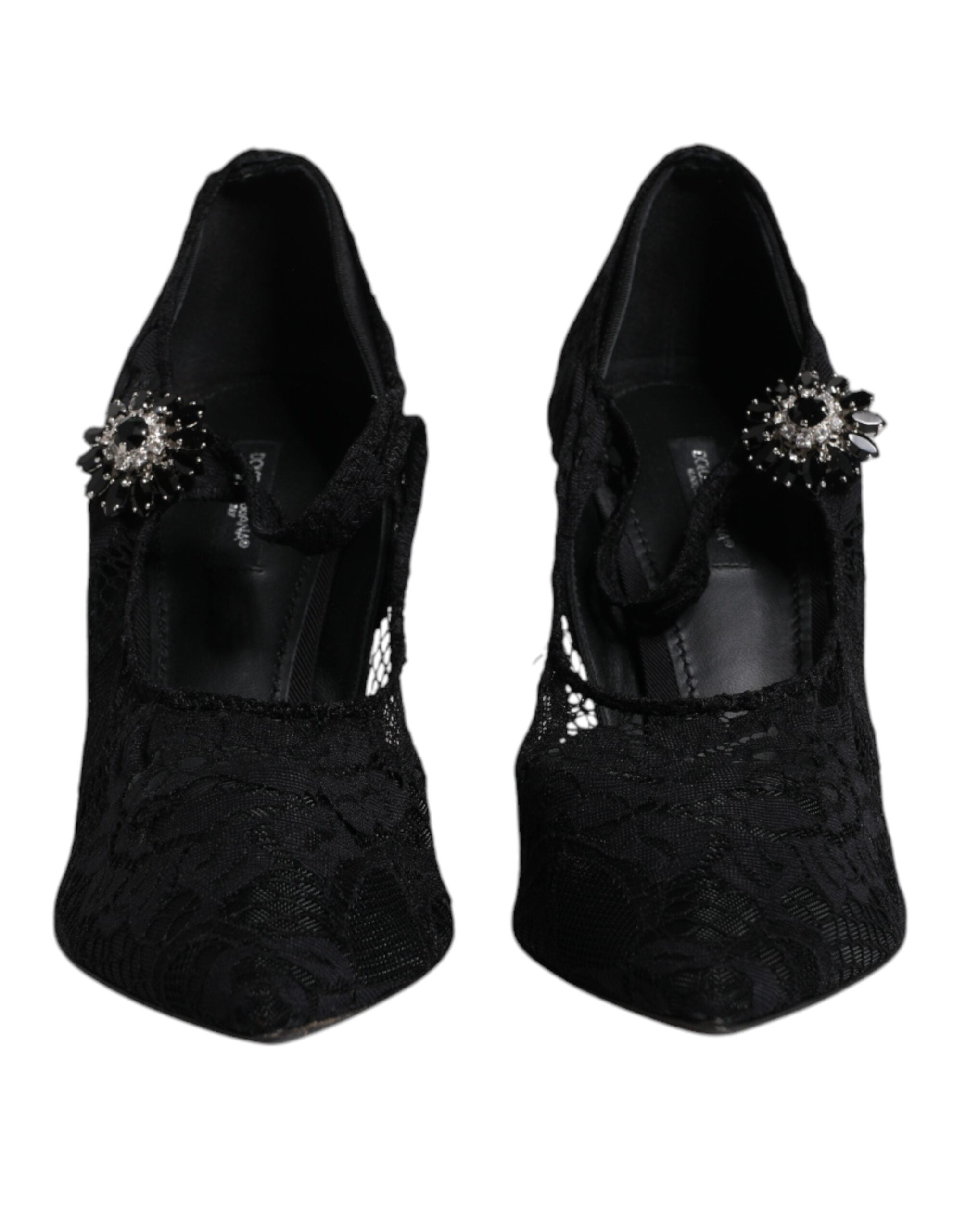 Chaussures à talons Mary Jane Dolce & Gabbana noires en dentelle avec cristaux, style élégant et sophistiqué.