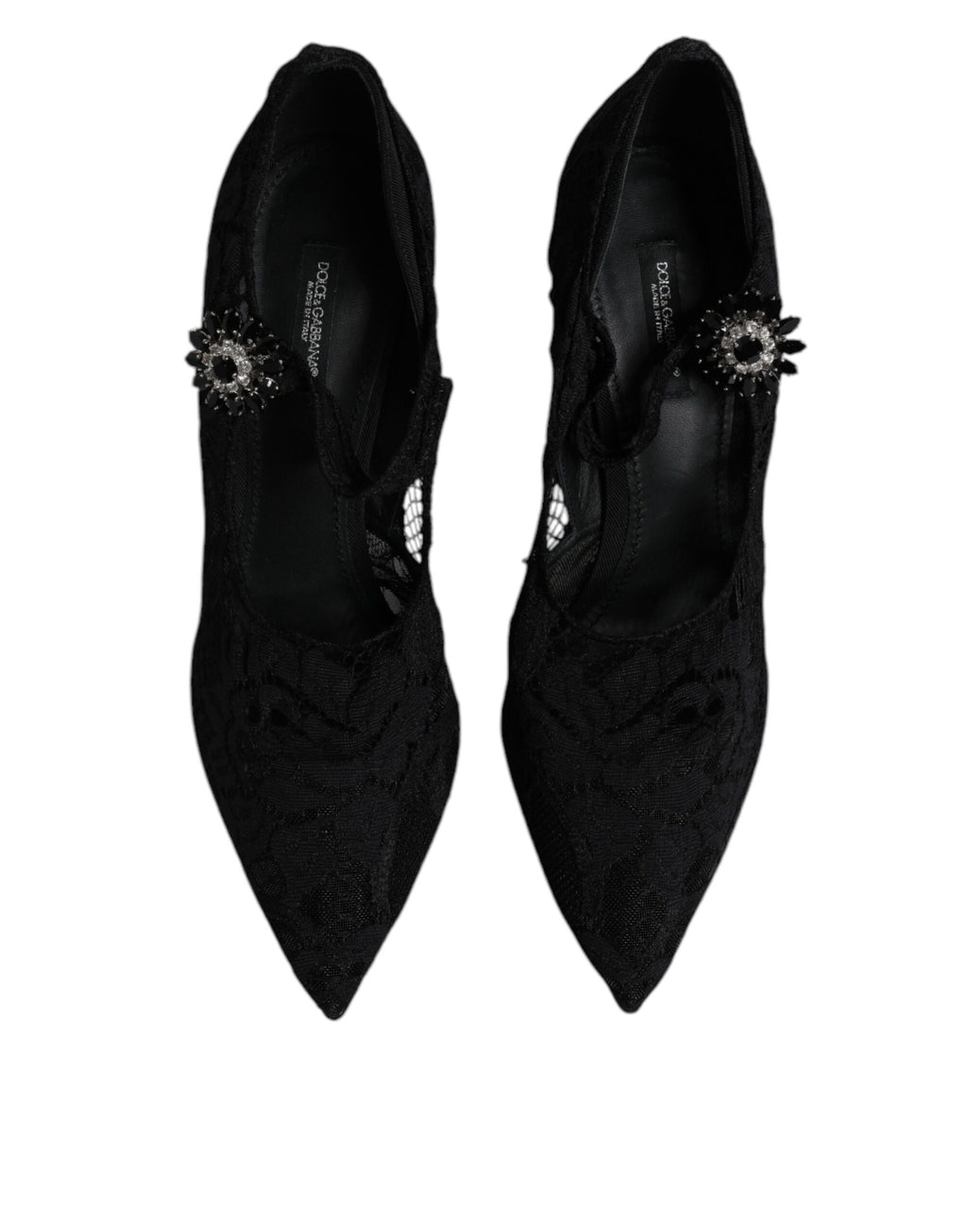 Chaussures à talons Mary Jane Dolce & Gabbana en dentelle noire ornée de cristaux, style élégant et sophistiqué.