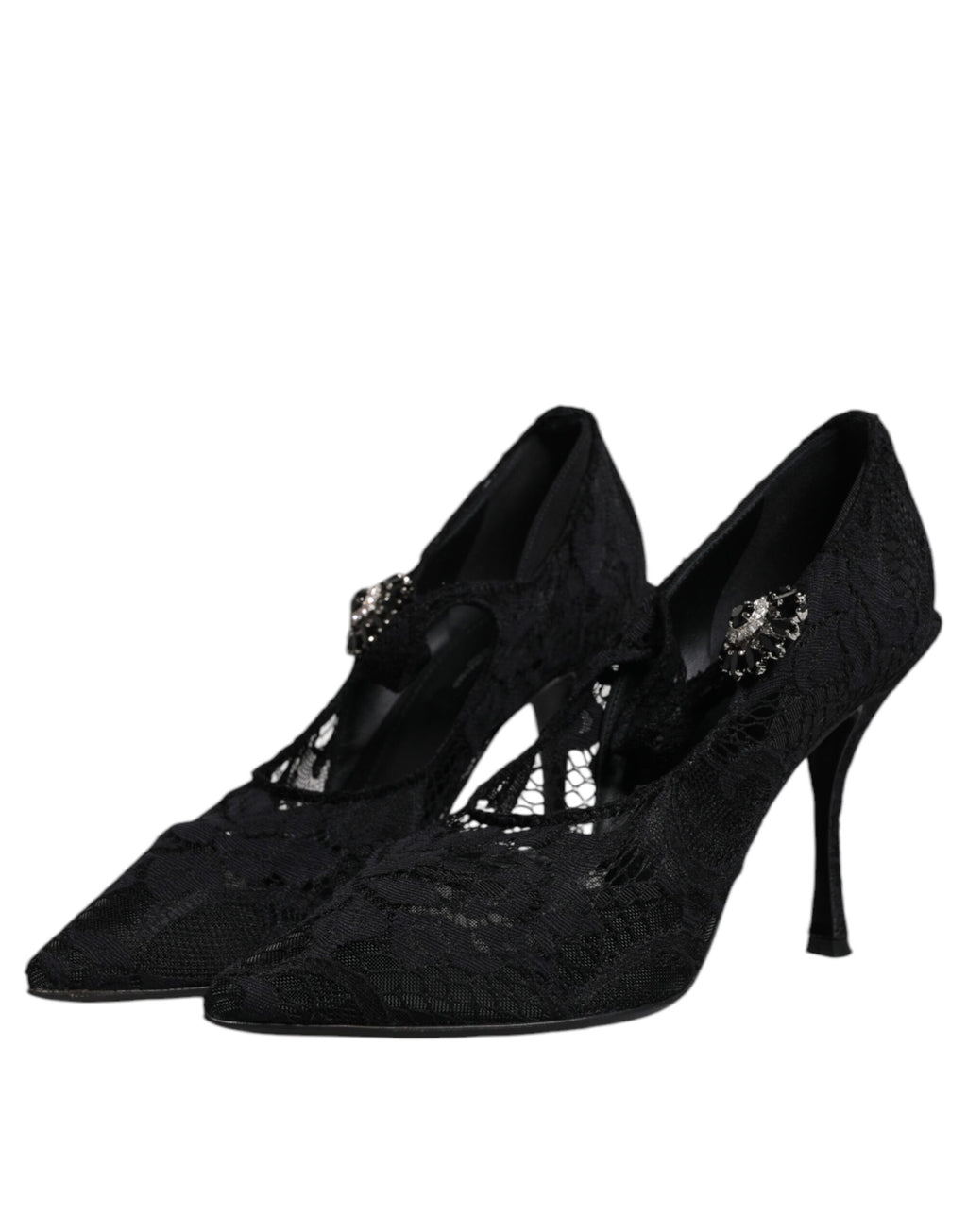 Chaussures Mary Jane Dolce & Gabbana noires en dentelle avec cristaux, élégantes et sophistiquées.