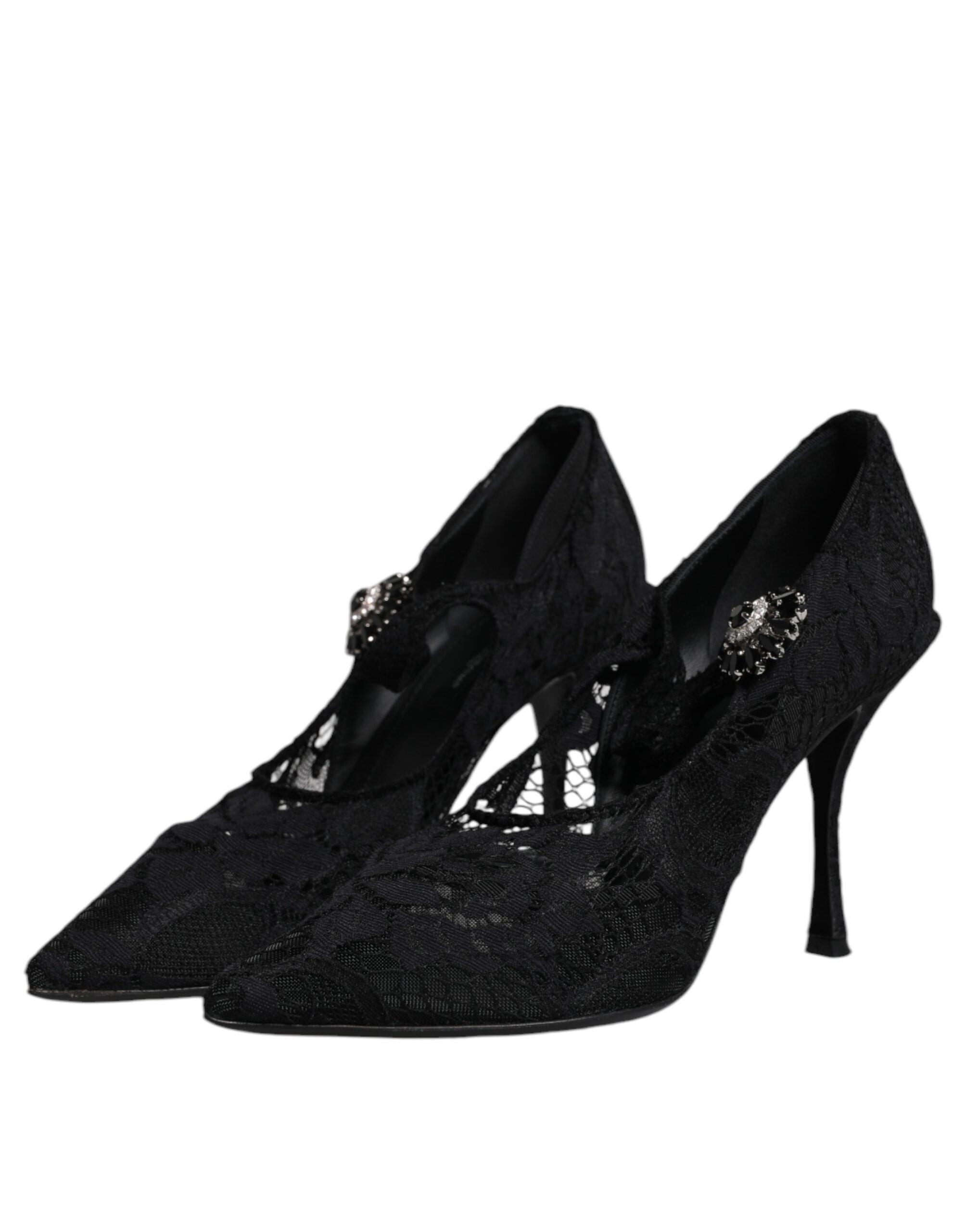Chaussures Mary Jane Dolce & Gabbana noires en dentelle avec cristaux, élégantes et sophistiquées.