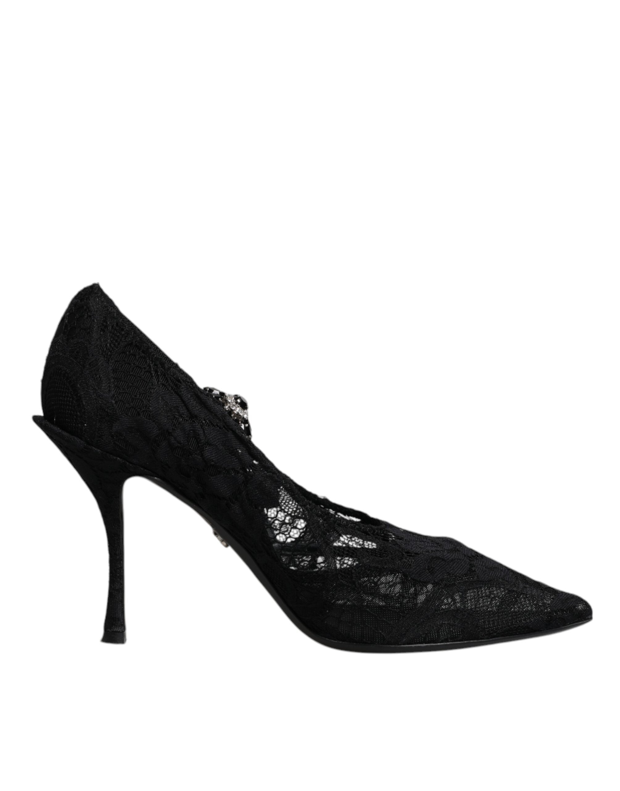 Chaussures à talons Mary Jane Dolce & Gabbana noires en dentelle avec cristaux, style élégant et sophistiqué.